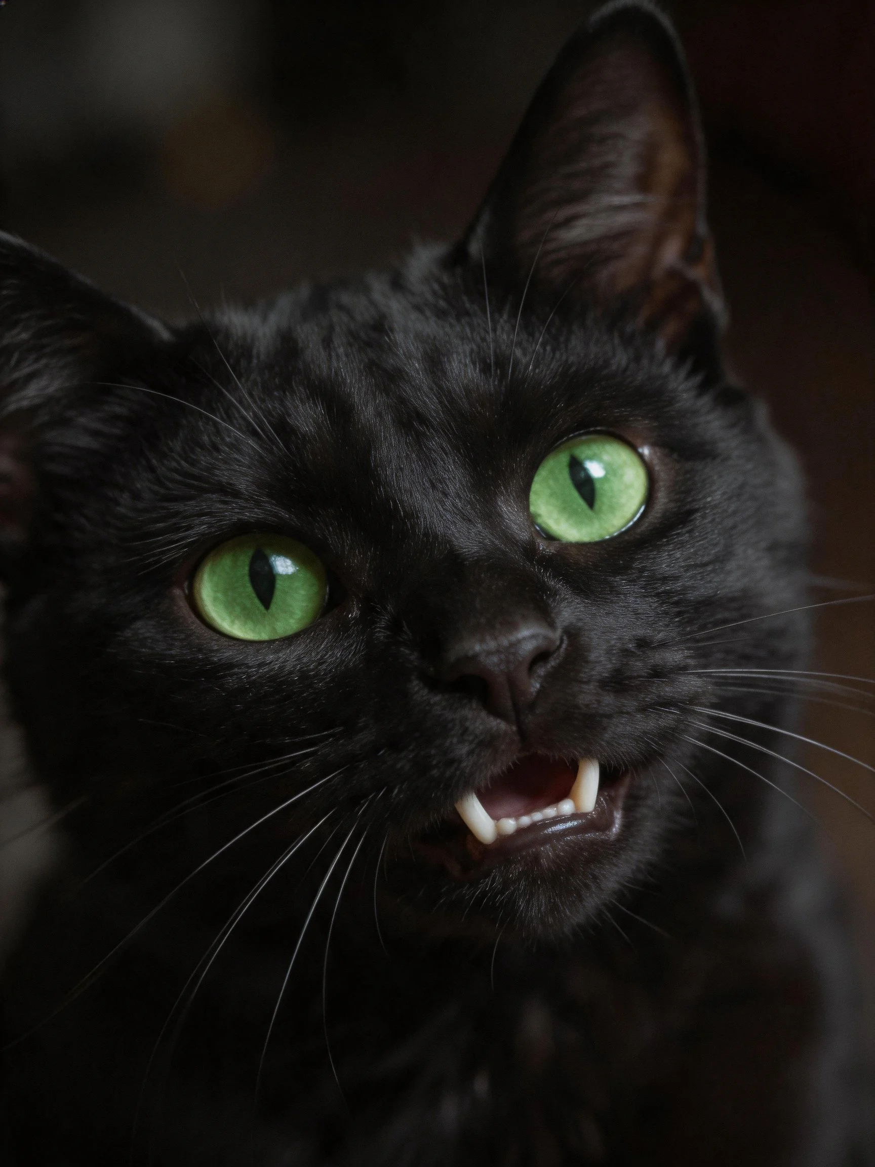 A close - up of a black cat showcasing vivid green eyes and an open mouth.