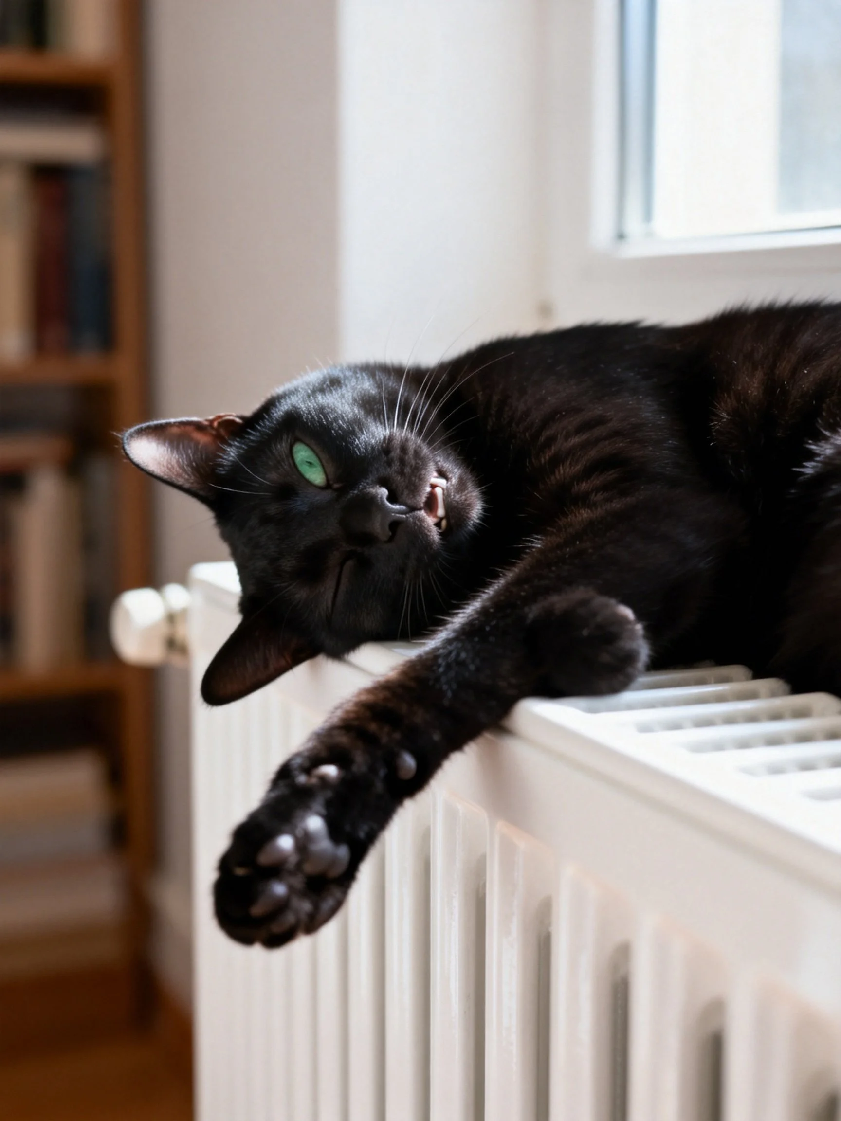 A sleek black cat with bright green eyes lounges on a white radiator near a window