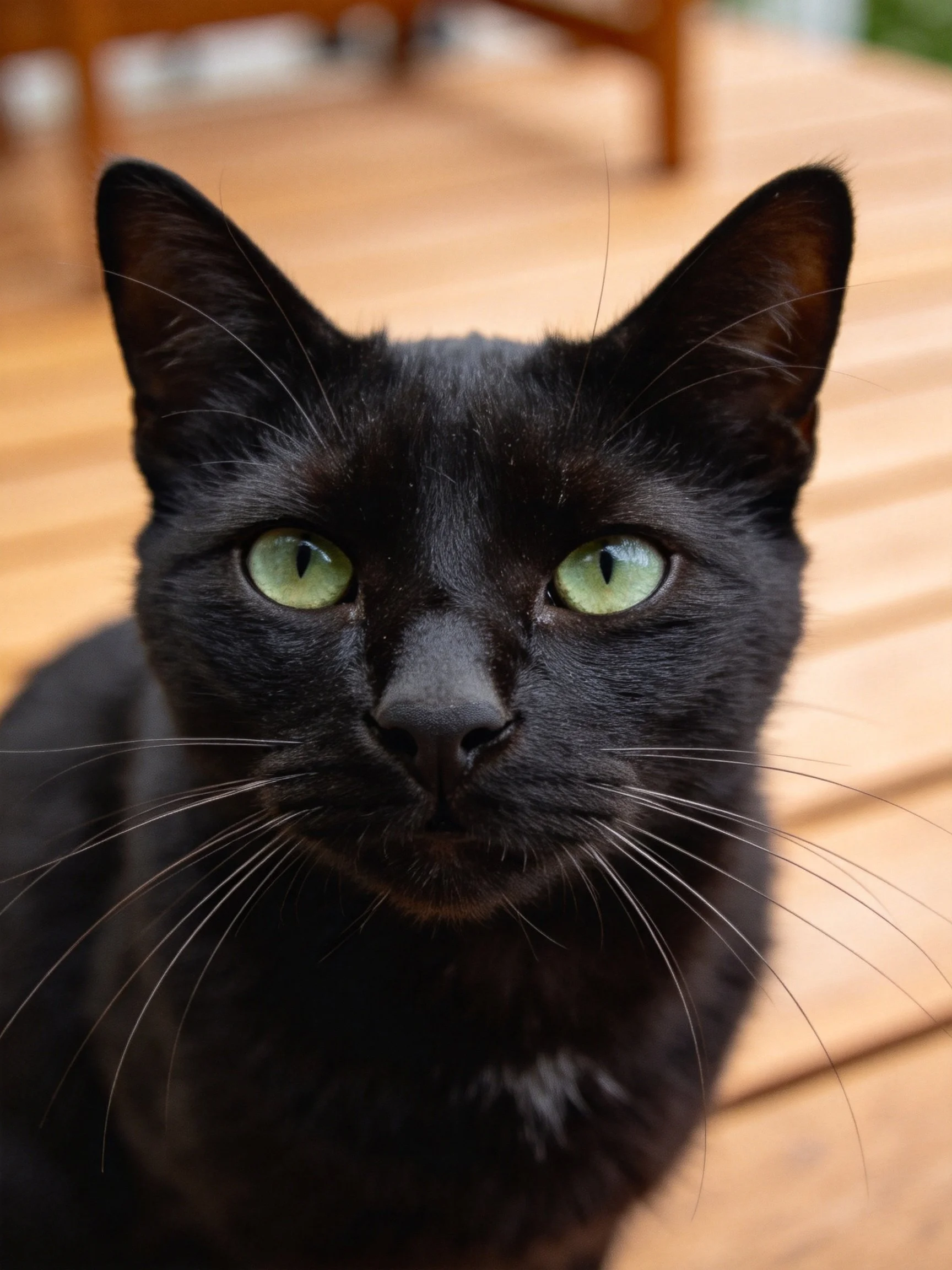 A sleek black cat with bright green eyes on a wooden deck