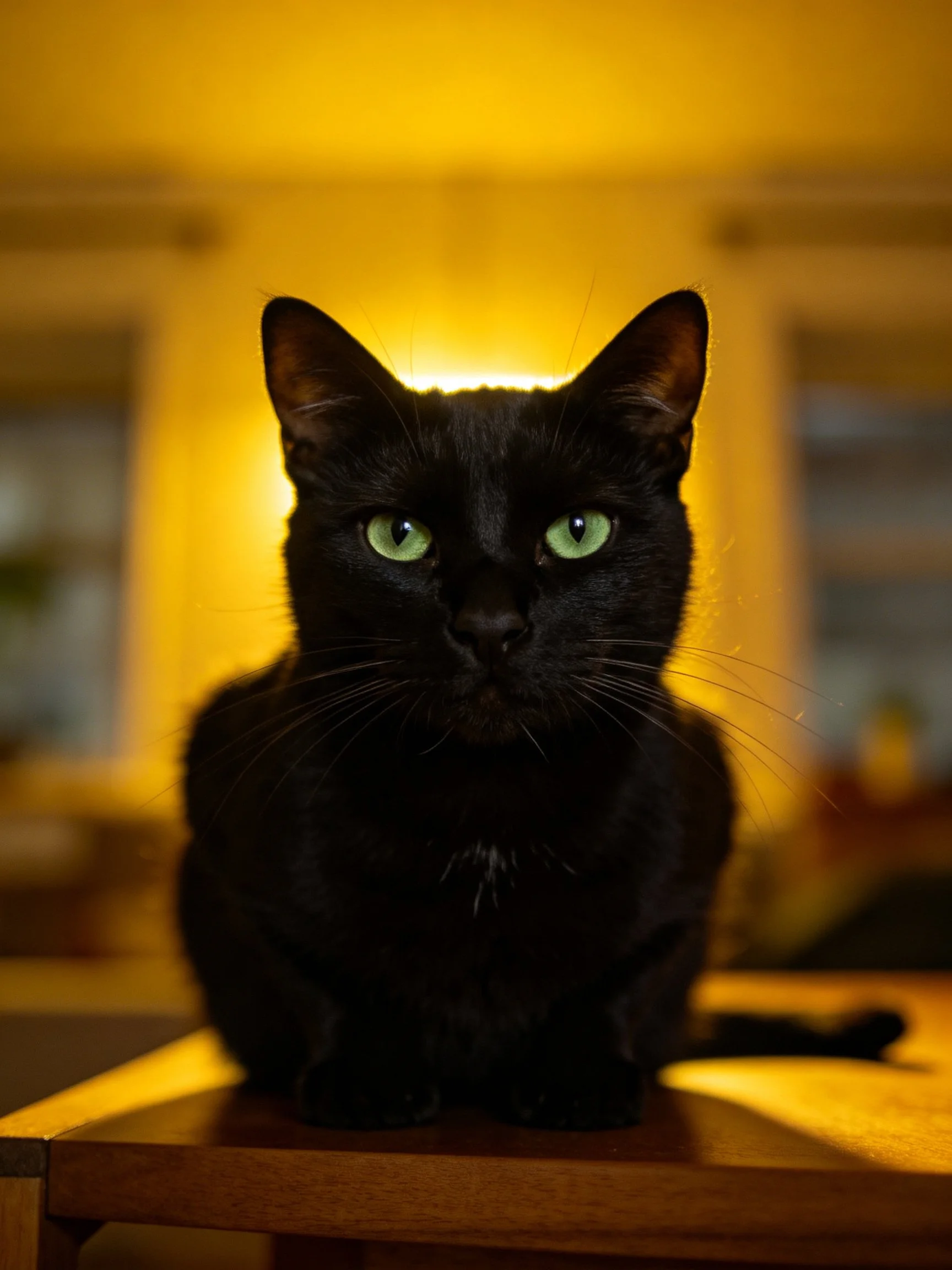 A sleek black cat with bright green eyes on a wooden surface