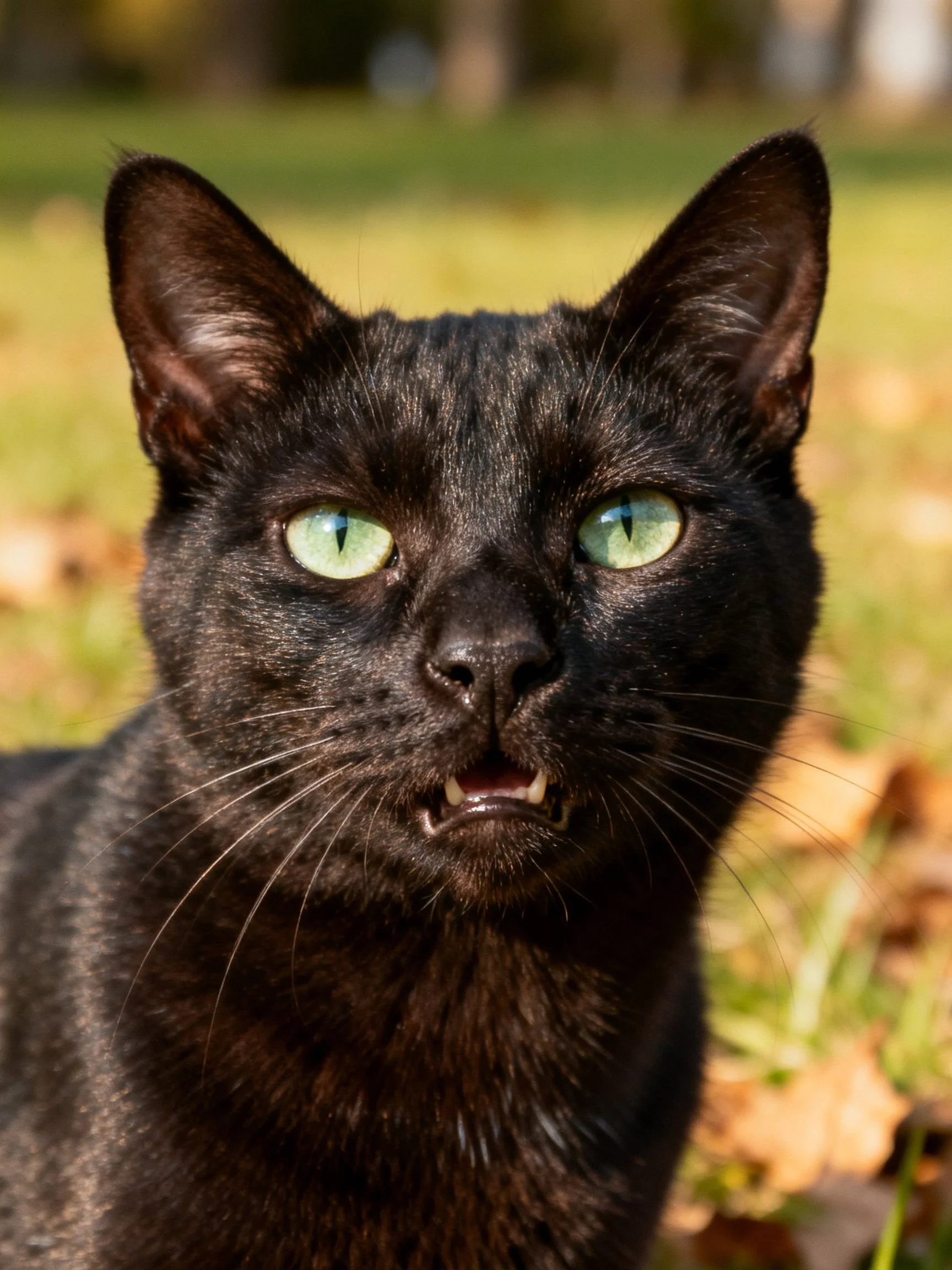 A sleek black cat with bright green eyes outdoors