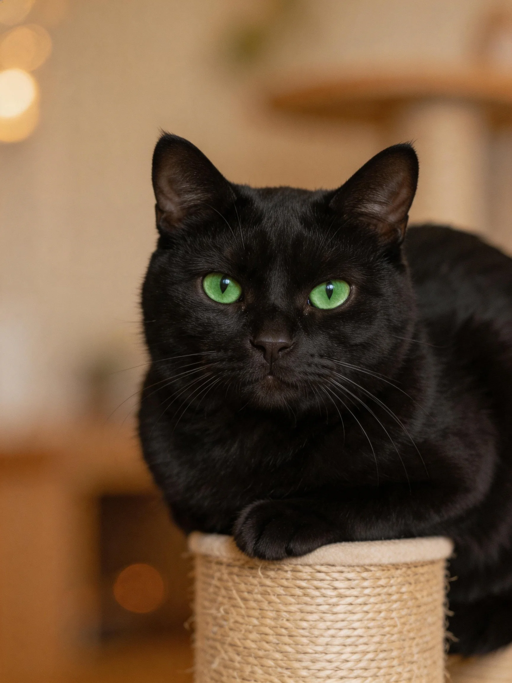 A sleek black cat with bright green eyes perched on a woven scratching post