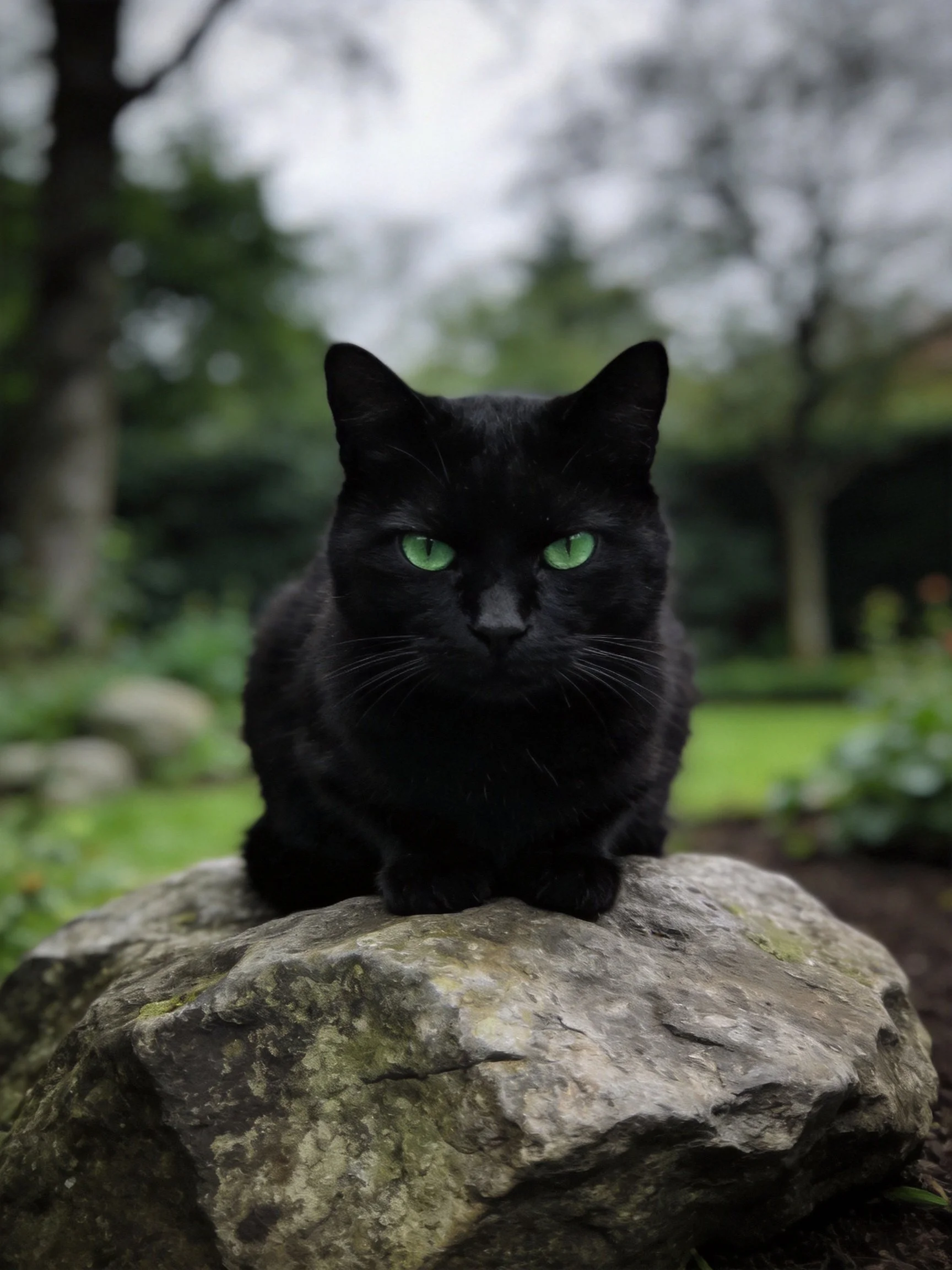 A black cat with striking green eyes sits on a stone in a serene garden setting