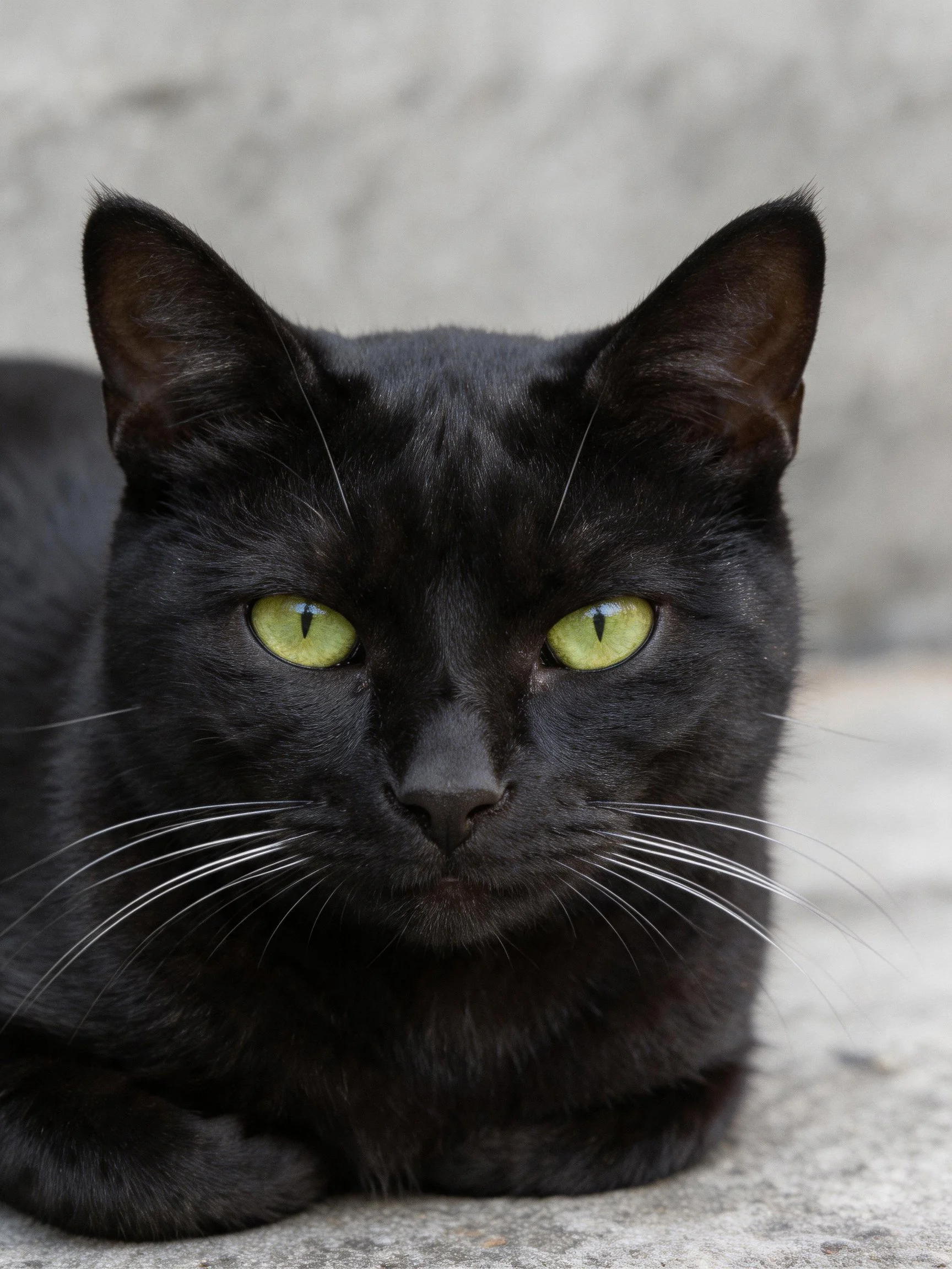 A sleek black cat with bright green eyes resting on concrete