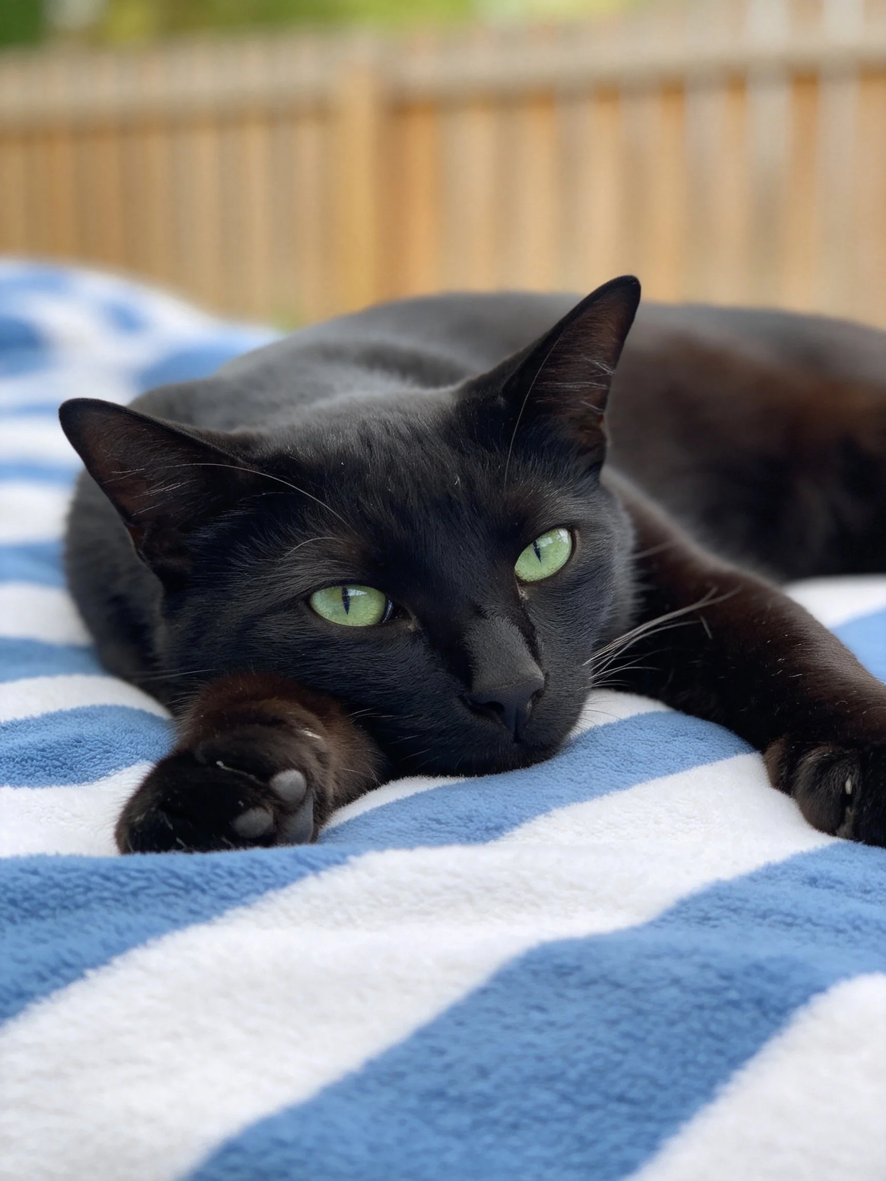 A sleek black cat with bright green eyes rests on a blue - white striped blanket near a wooden fence