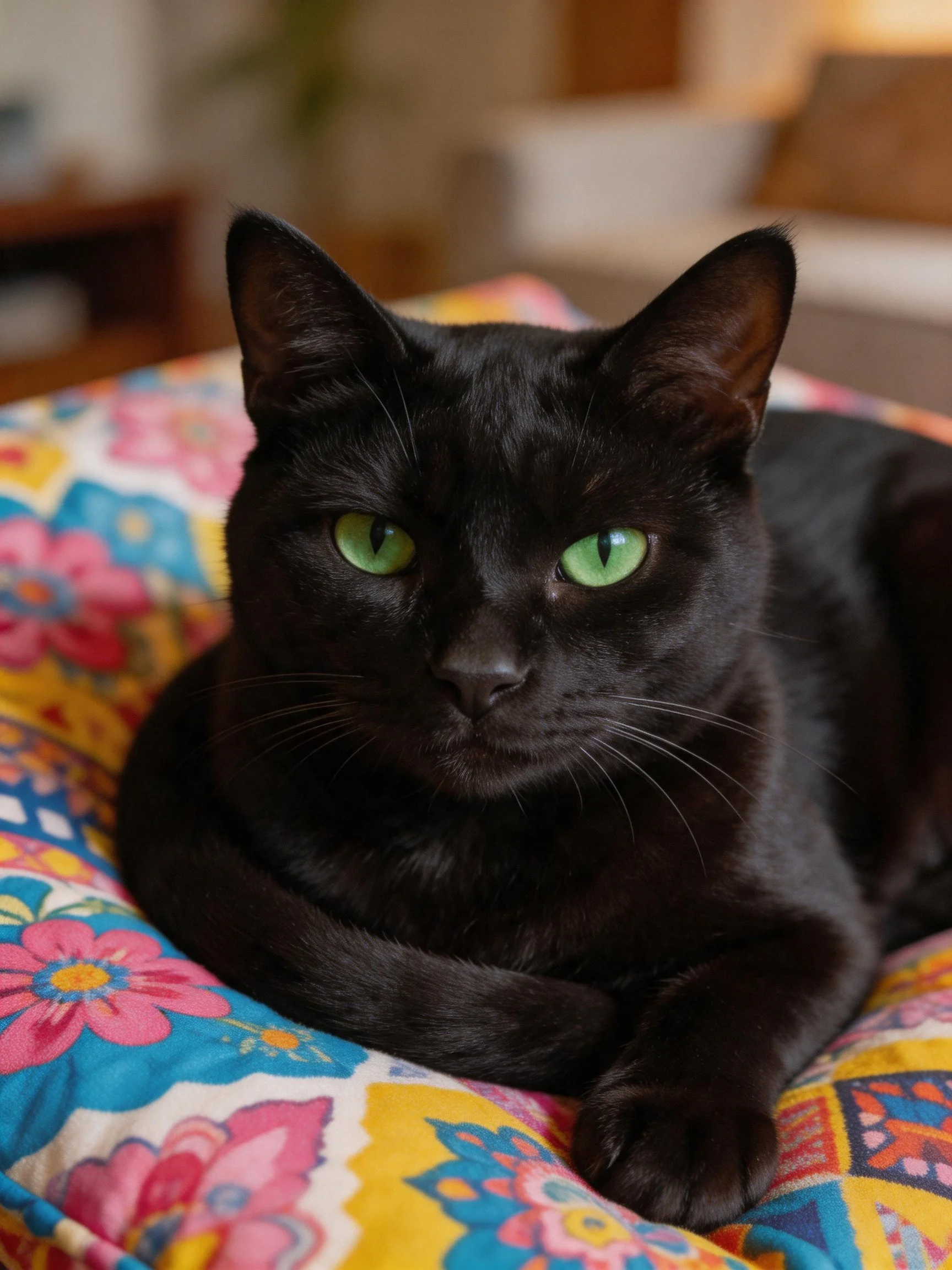 A black cat with green eyes relaxes on a colorful floral-patterned cushion