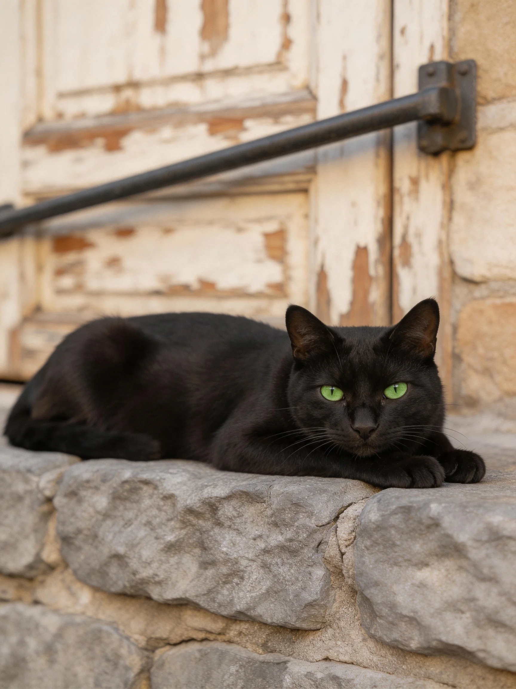 A sleek black cat with bright green eyes rests on weathered stone steps