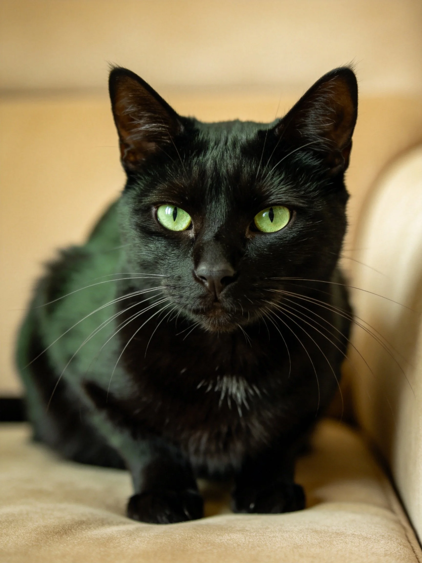 A sleek black cat with bright green eyes sits on a beige sofa