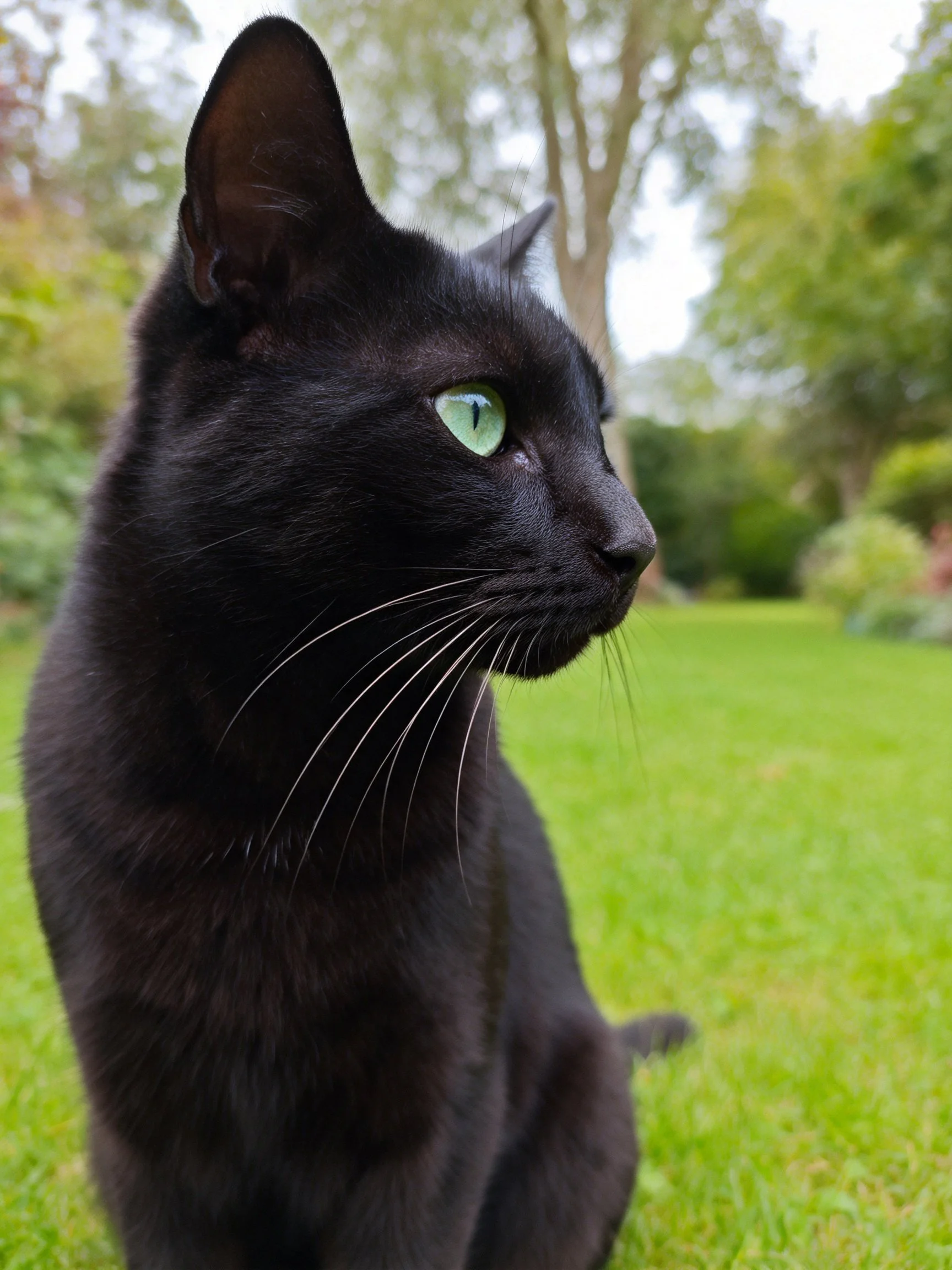A black cat with green eyes sits on grass in a garden