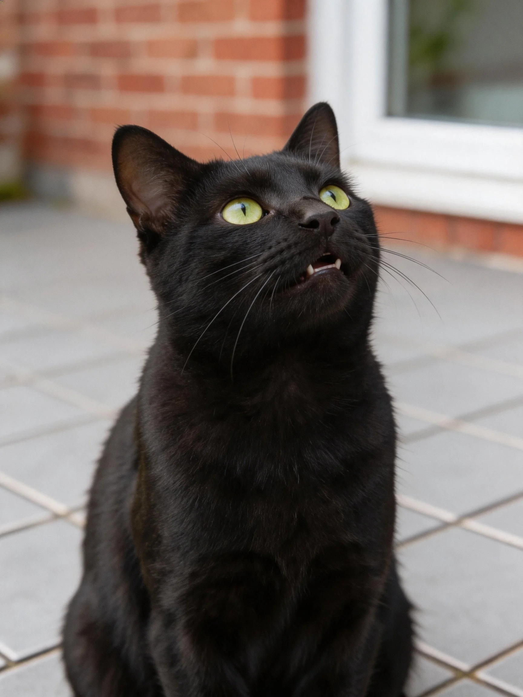 A sleek black cat with bright green eyes sits on tiled flooring