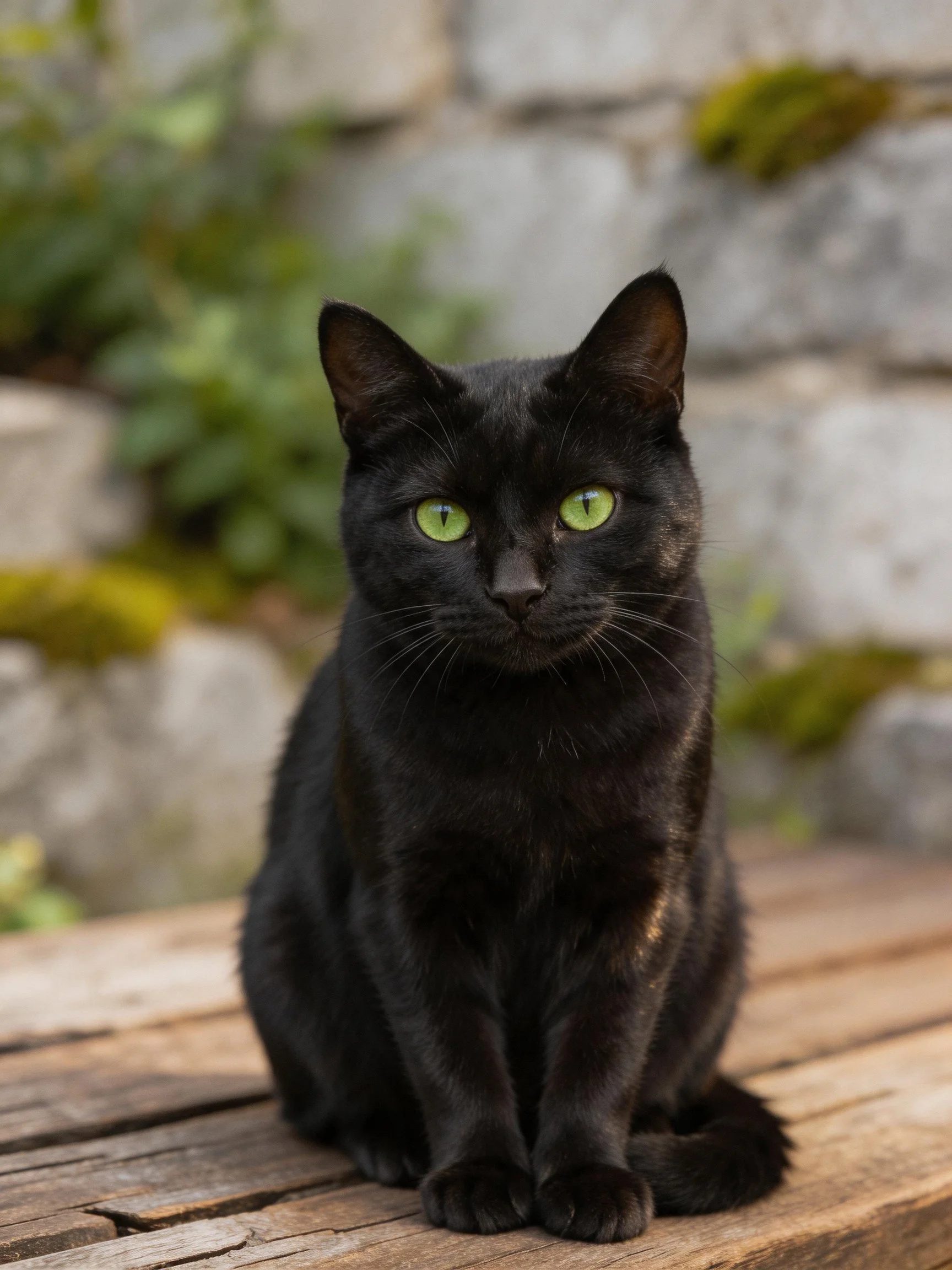 A sleek black cat with bright green eyes sits on weathered wood.