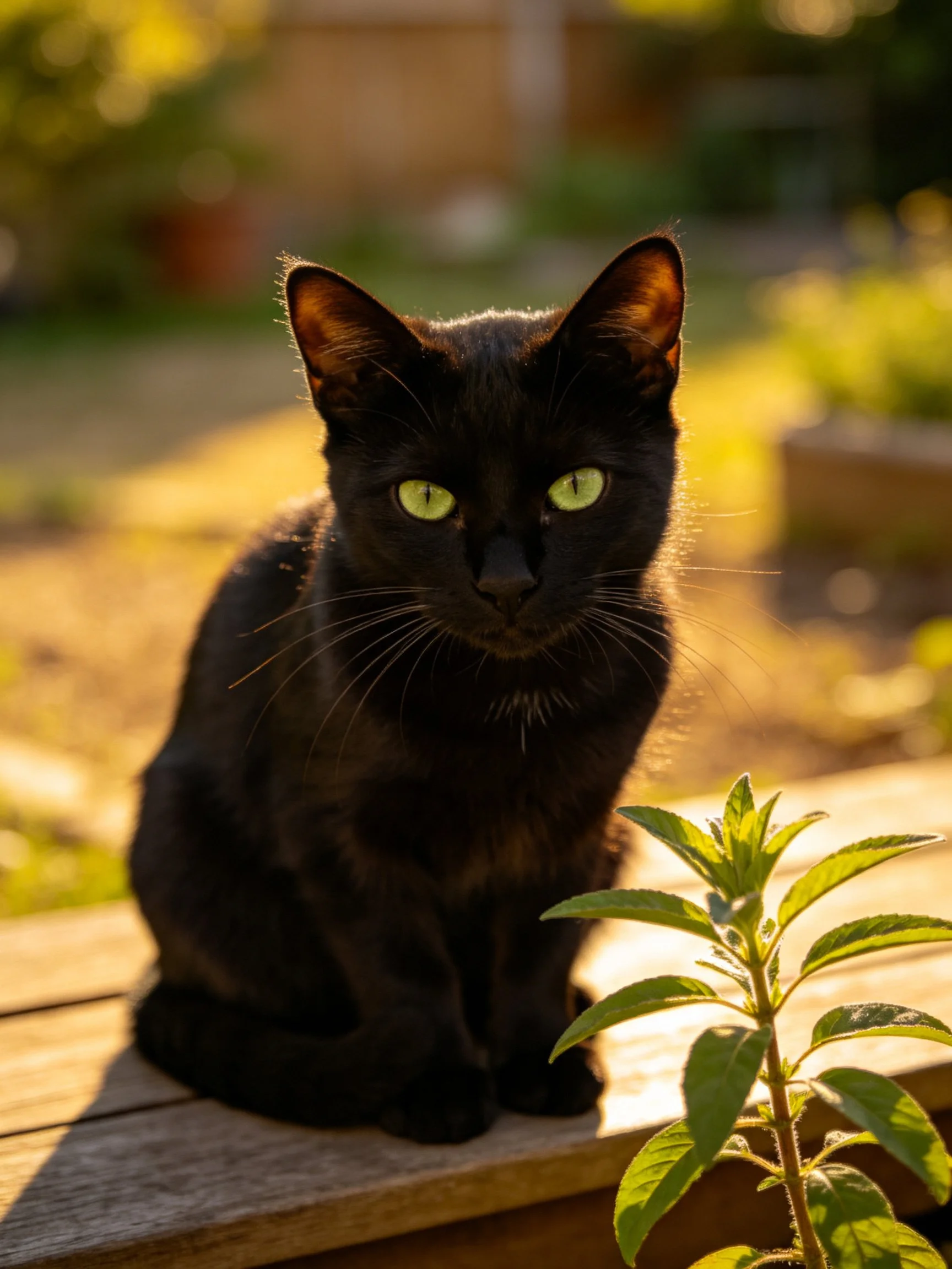 A sleek black cat with bright green eyes sits outdoors