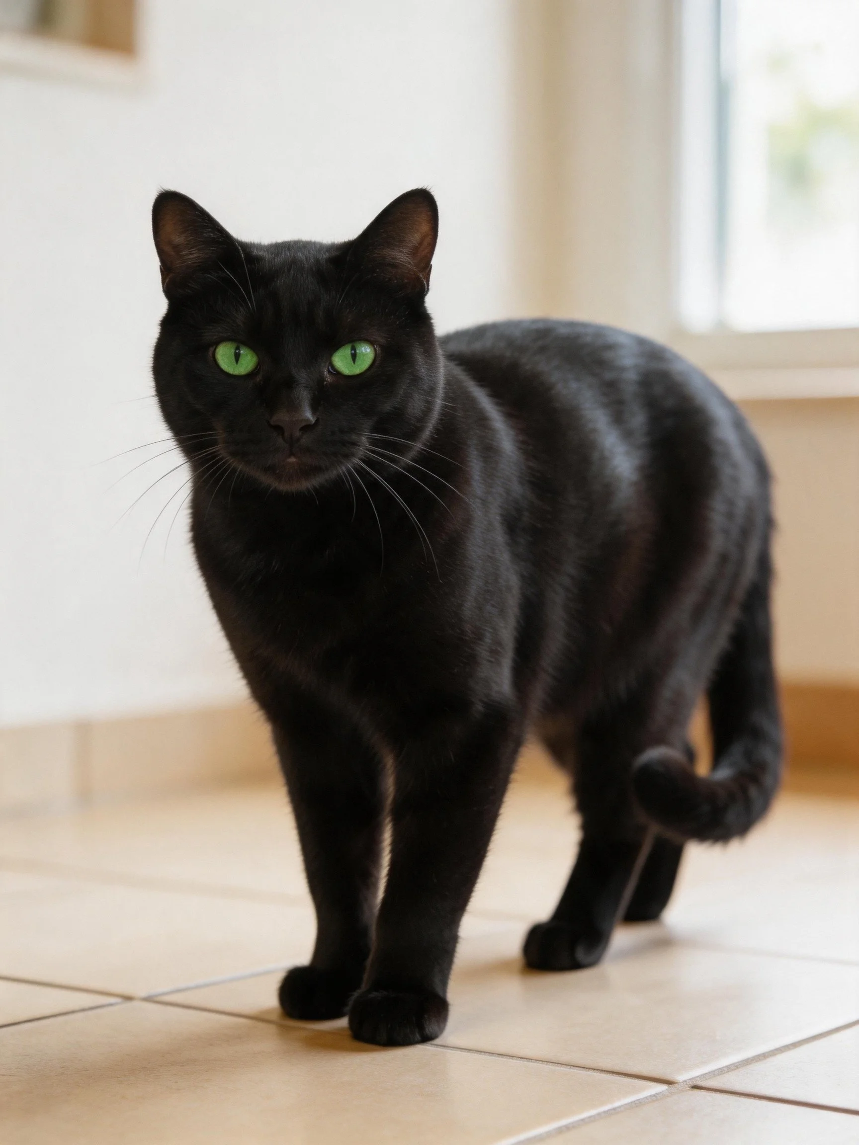 A black cat with bright green eyes stands on tiled flooring indoors