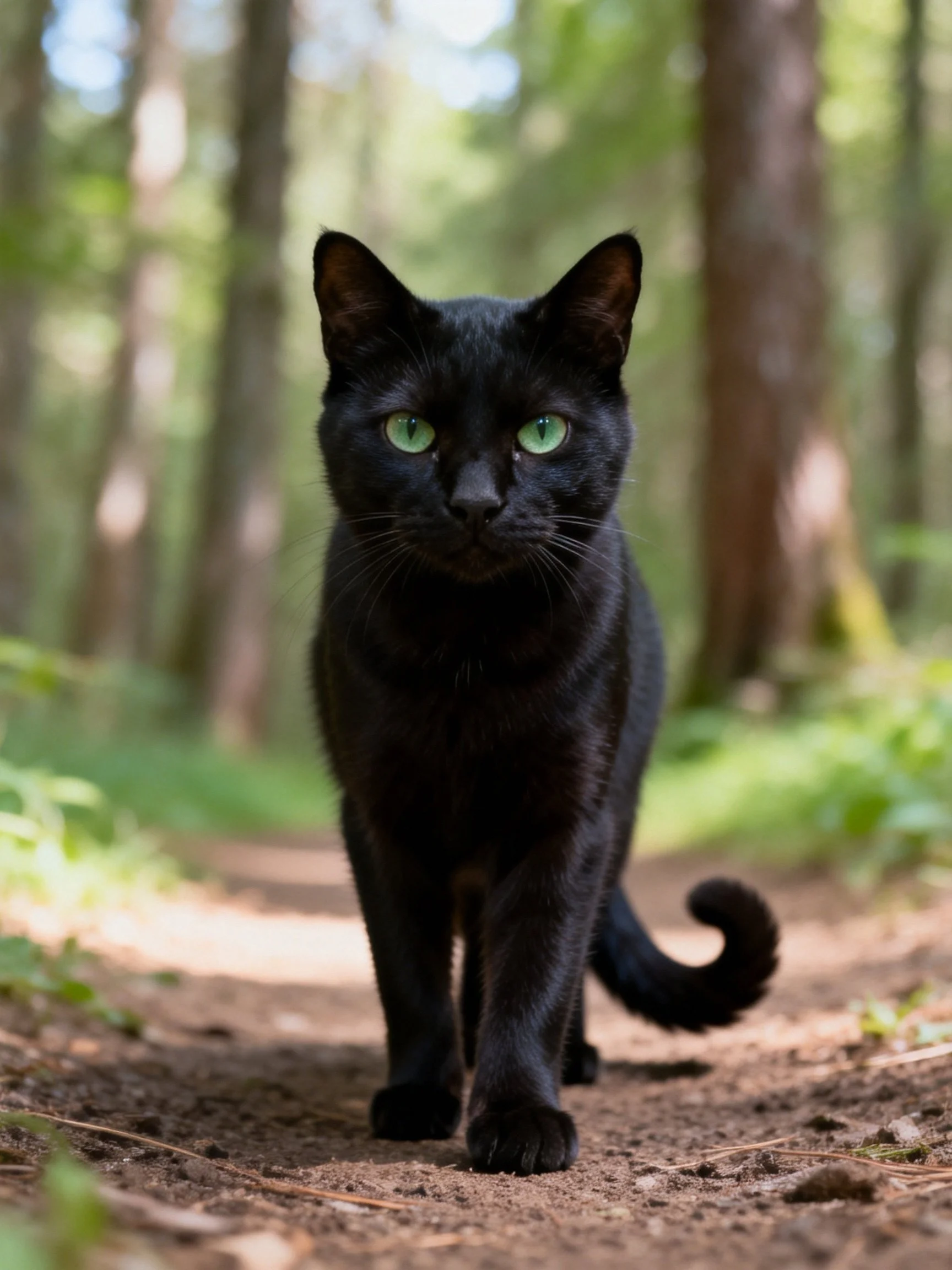 A black cat with green eyes walks forward on a forest path.