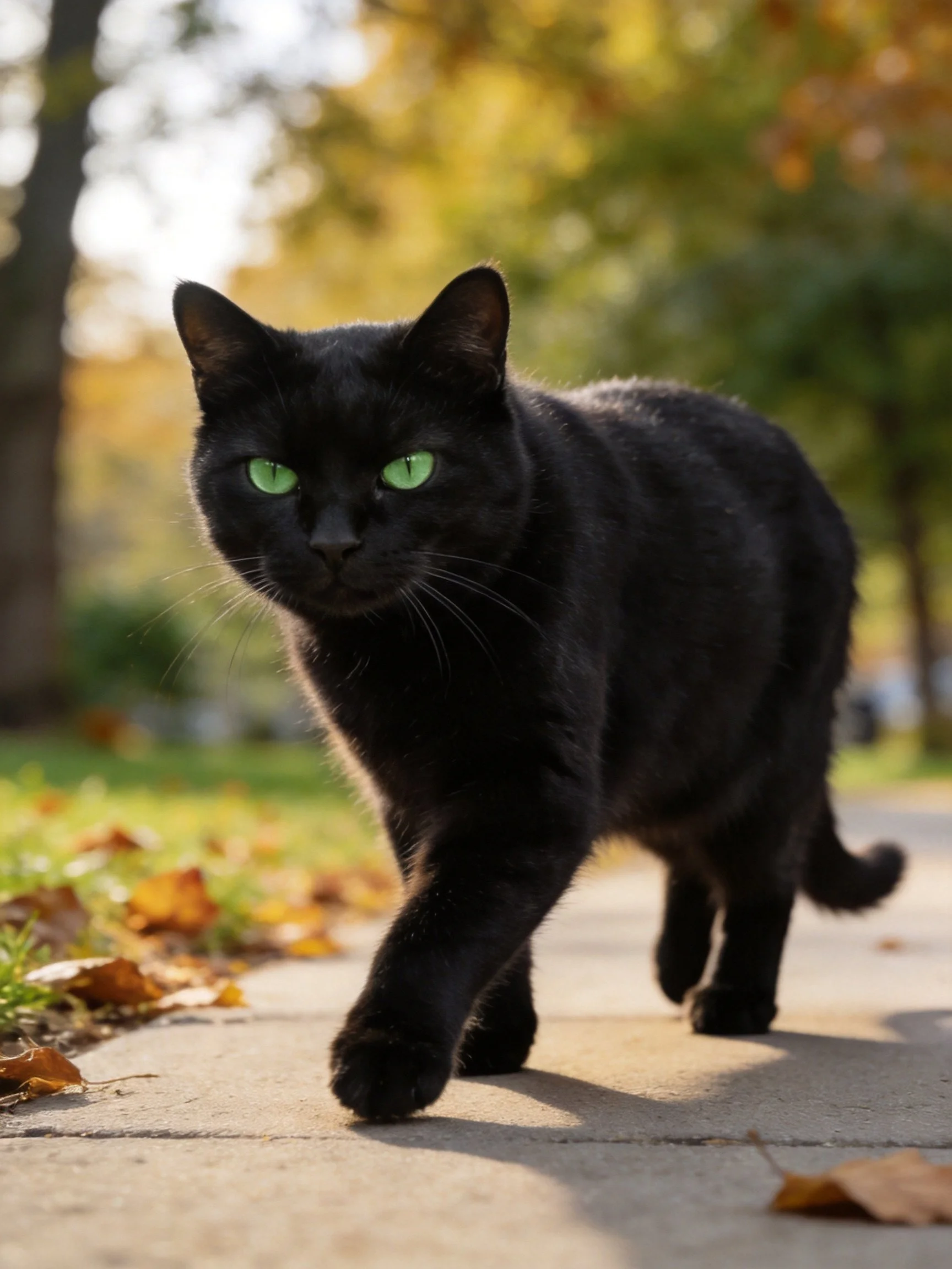 A black cat with green eyes walks on a leaf-covered sidewalk amid autumn scenery.