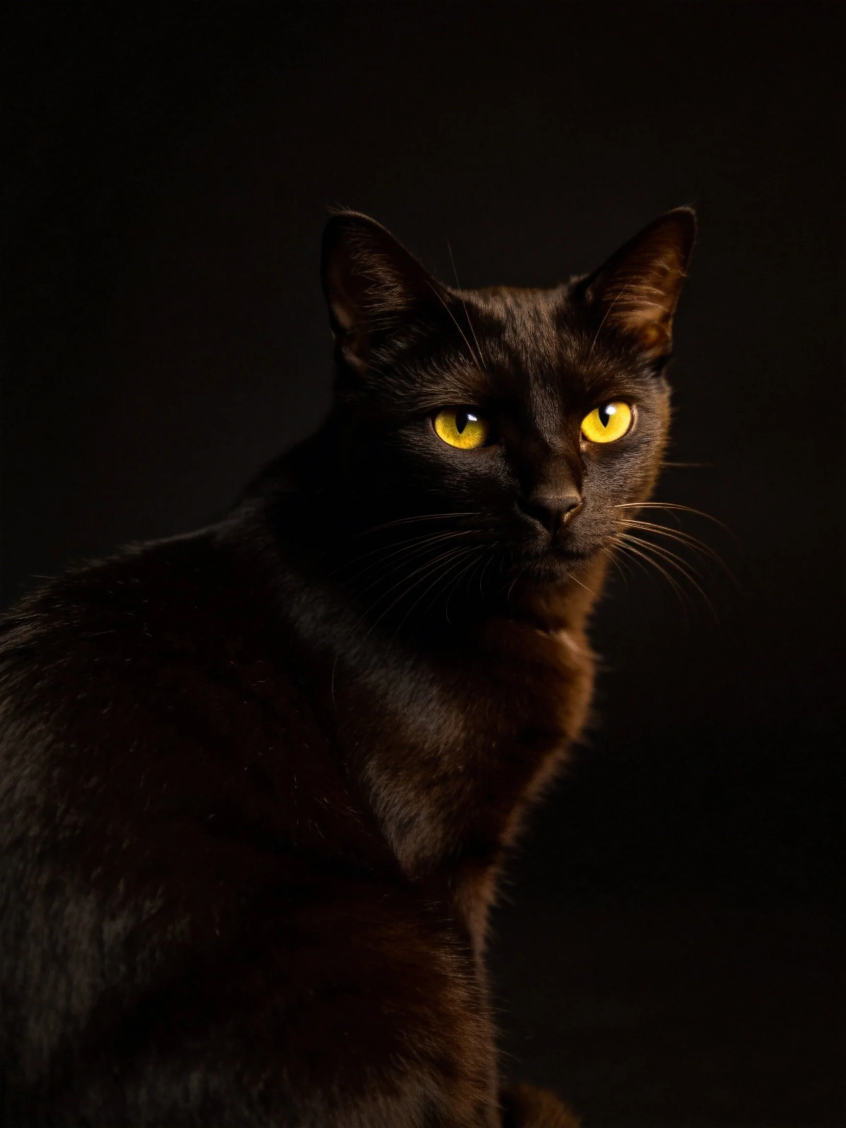 A sleek black cat with bright yellow eyes gazes intently against a dark background.
