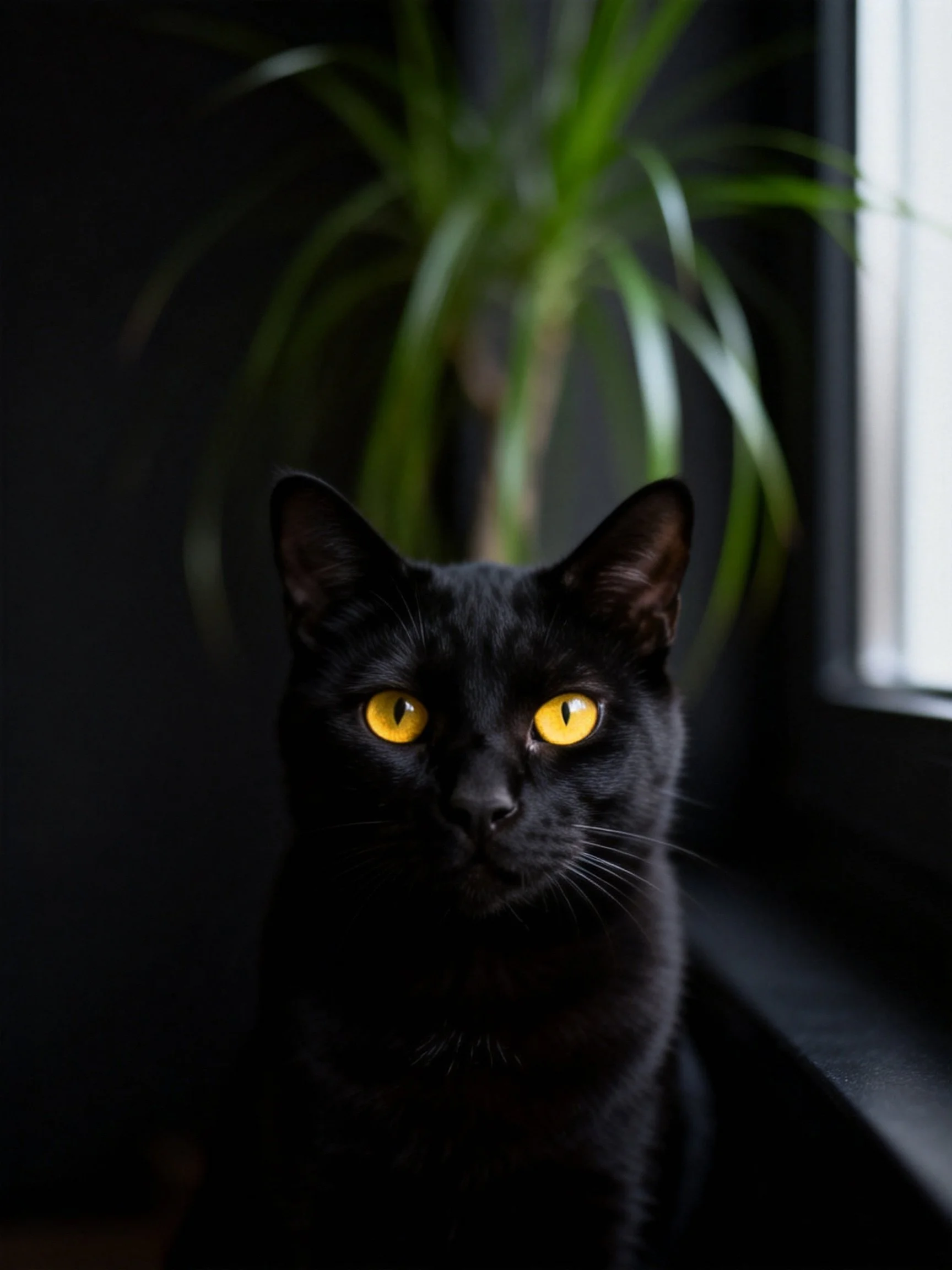A black cat with bright yellow eyes sits near a green plant by a window.