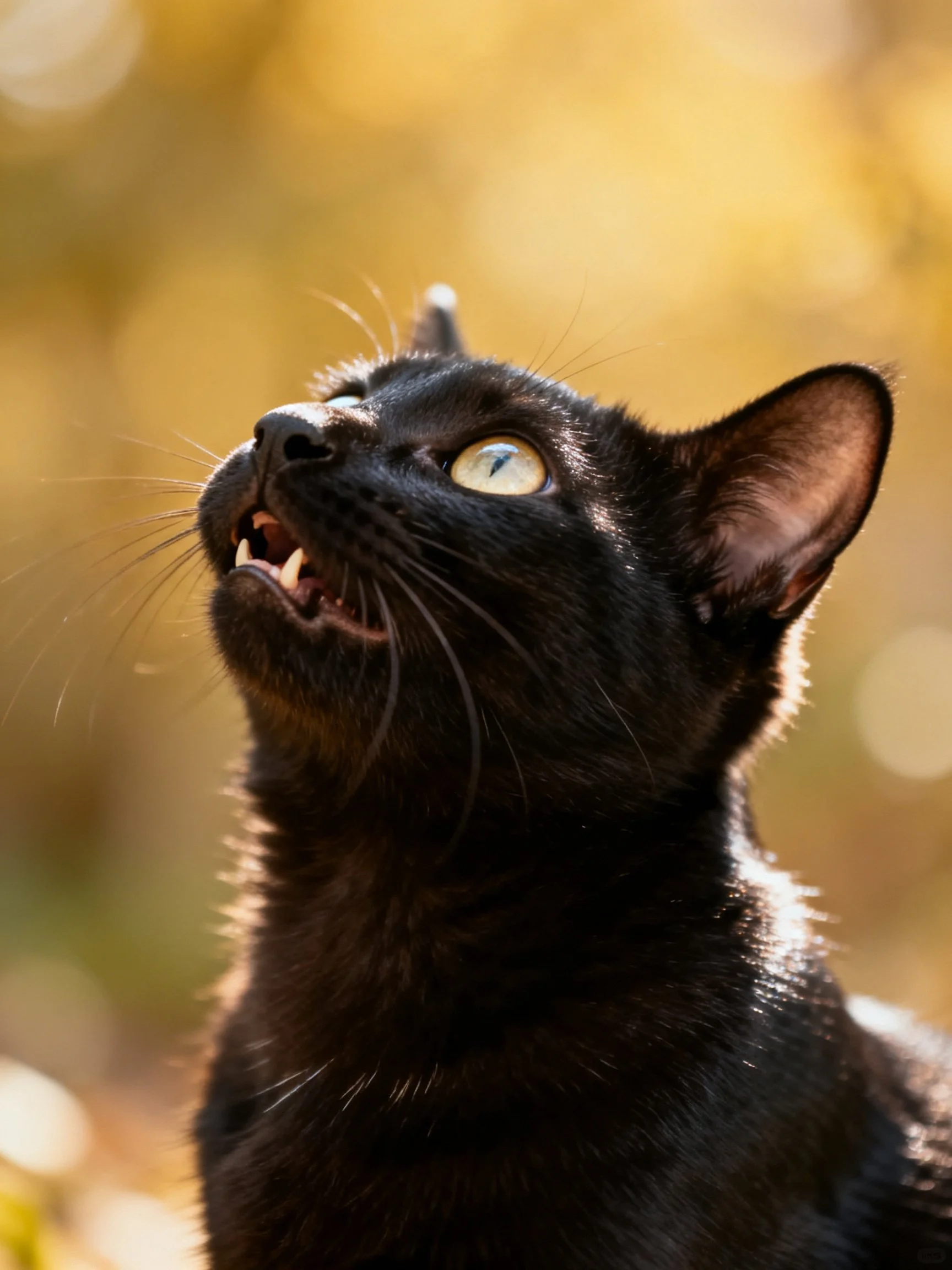 A sleek black cat with bright yellow eyes gazing upward