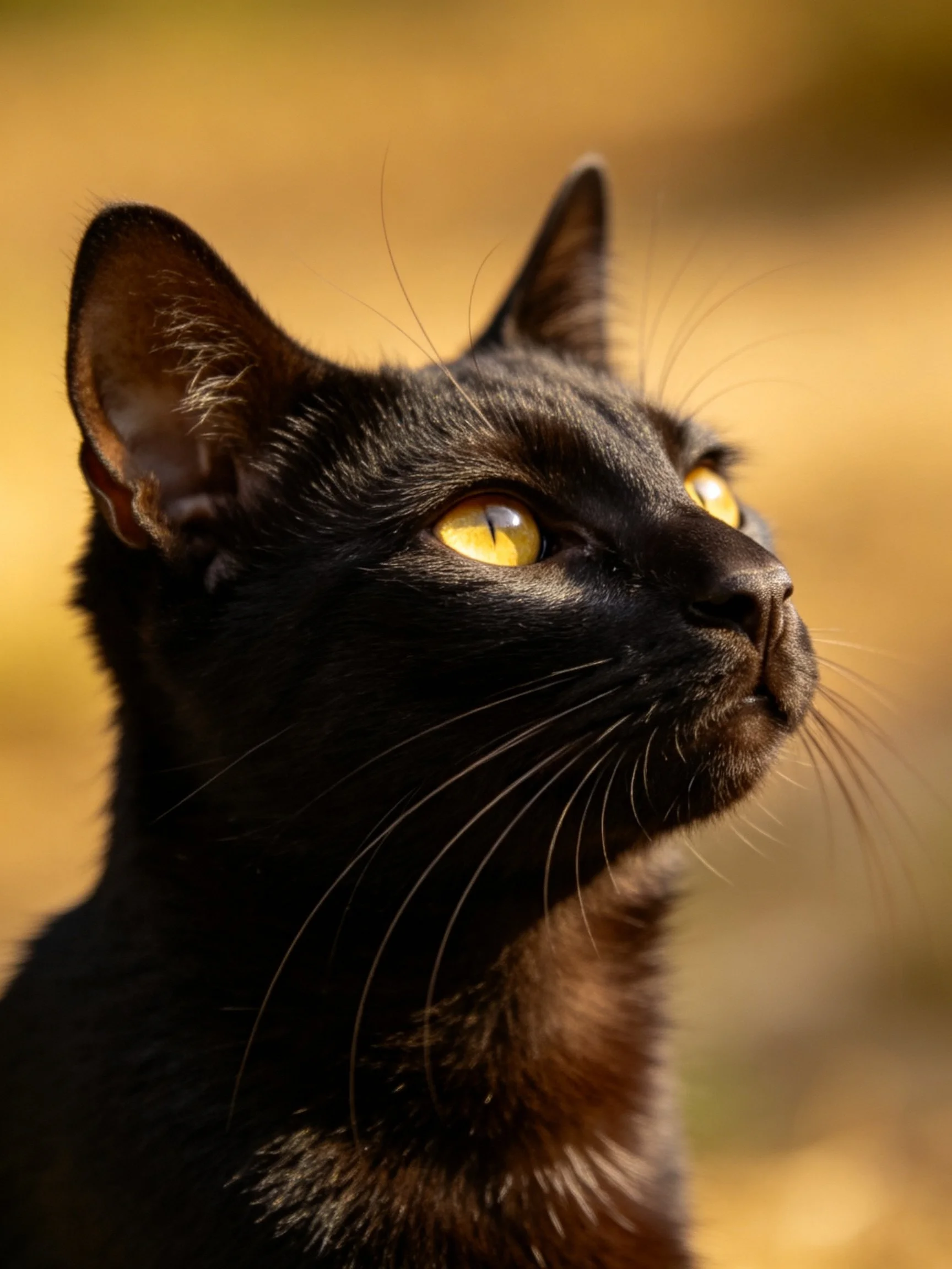 A sleek black cat gazes upward with bright yellow eyes in a golden-hued setting.