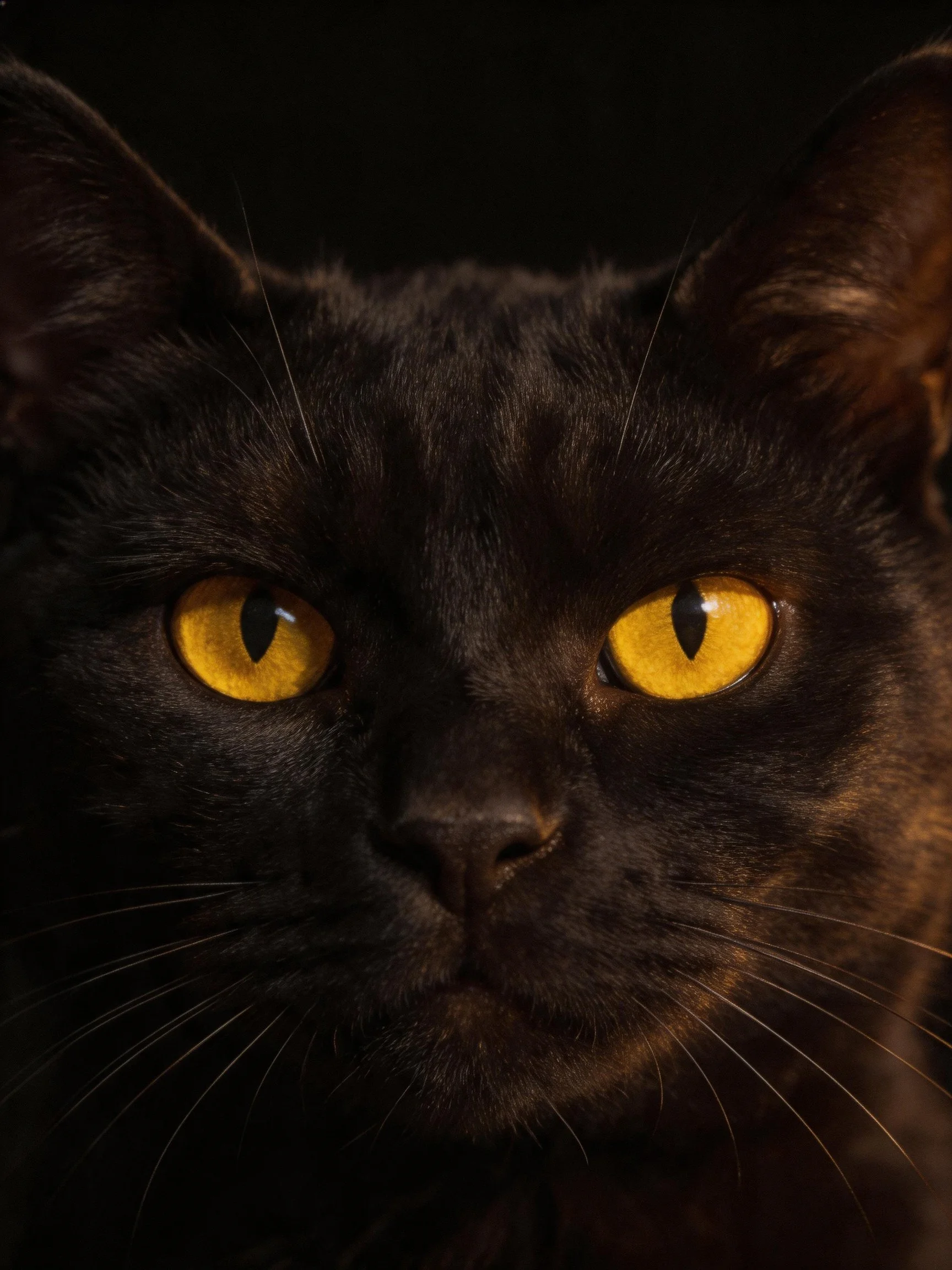 Close-up of a sleek black cat with bright yellow eyes in dim lighting.