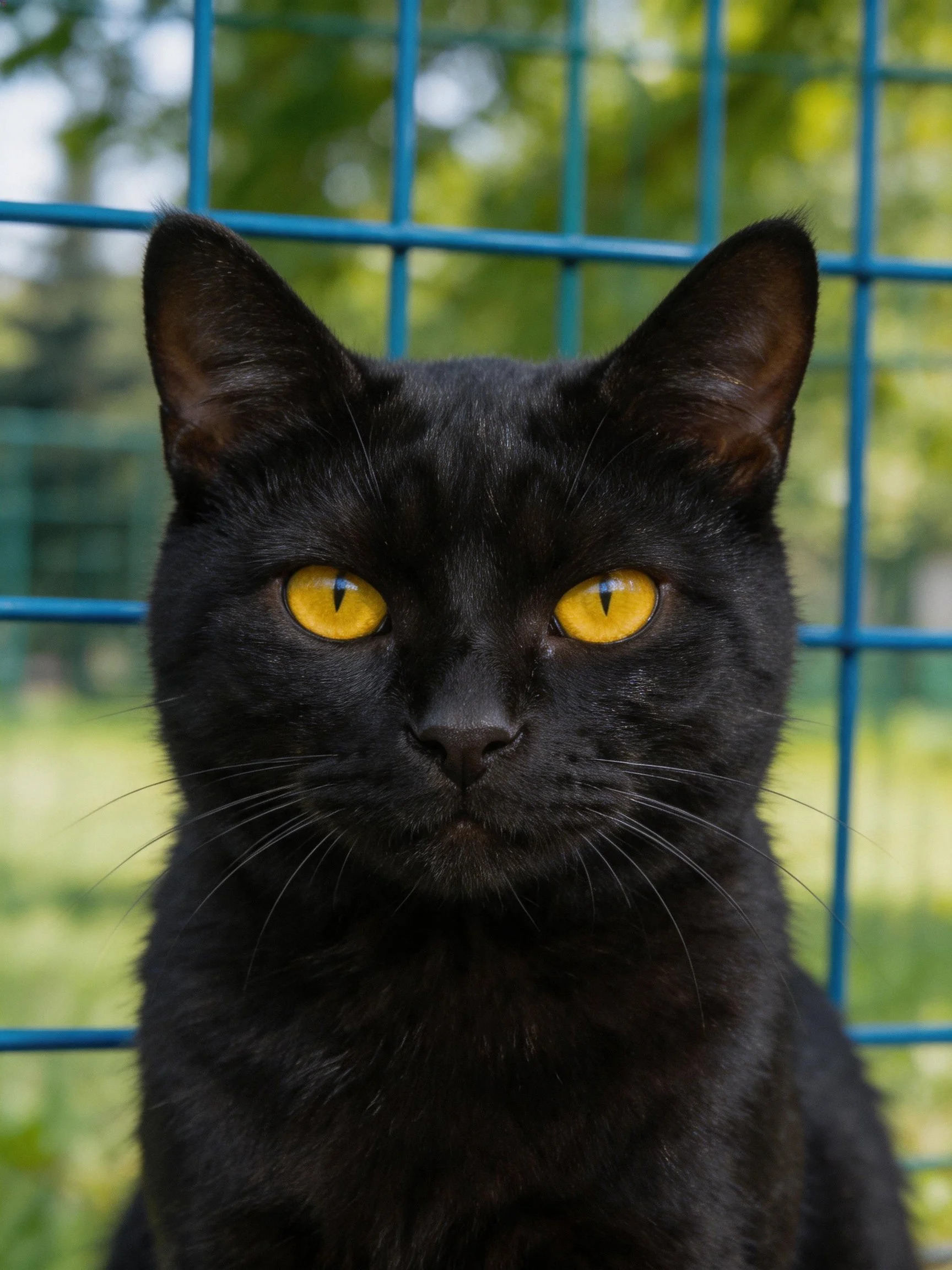 A sleek black cat with bright yellow eyes near a blue grid fence
