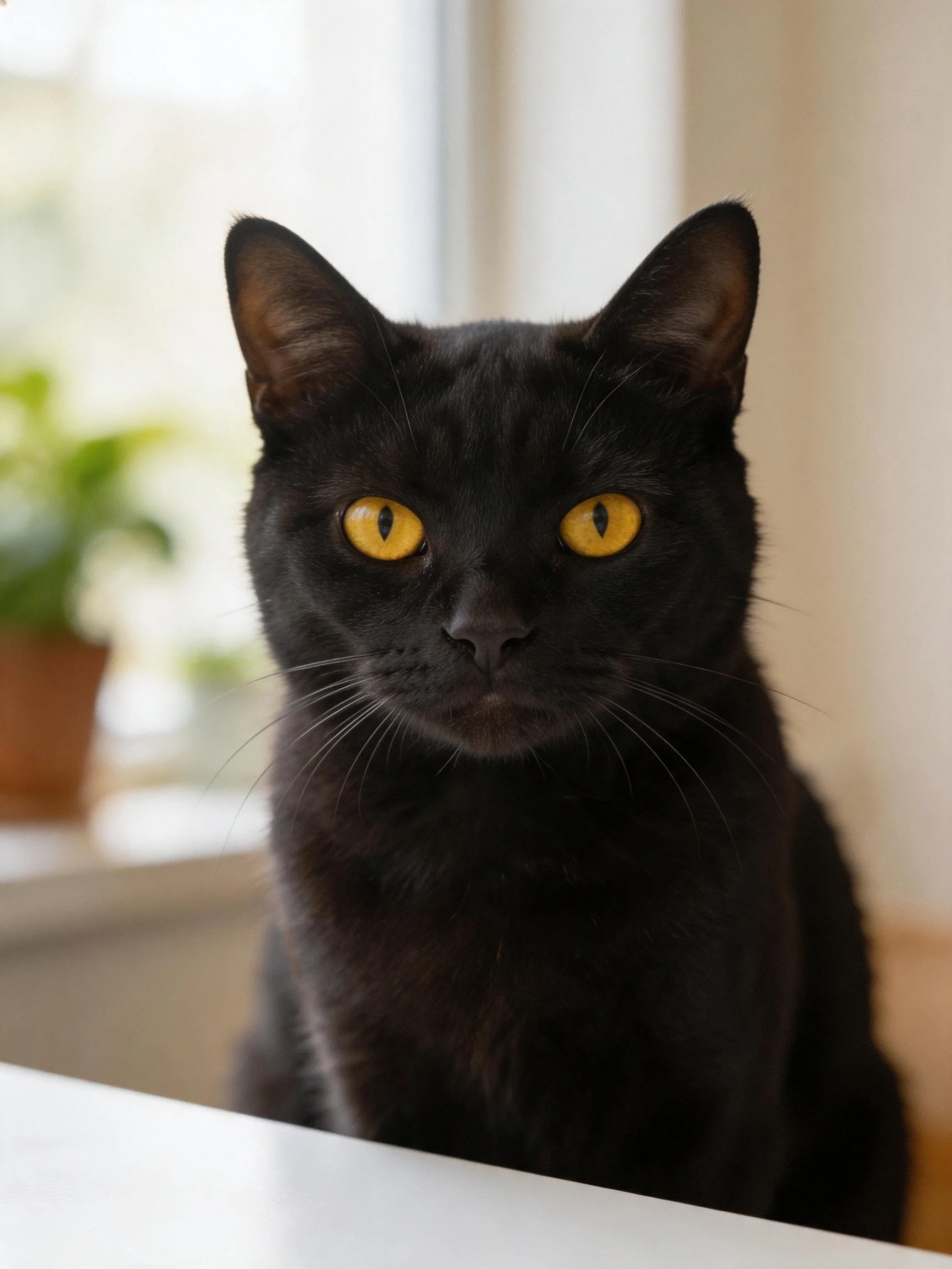 A sleek black cat with bright yellow eyes near an indoor window.