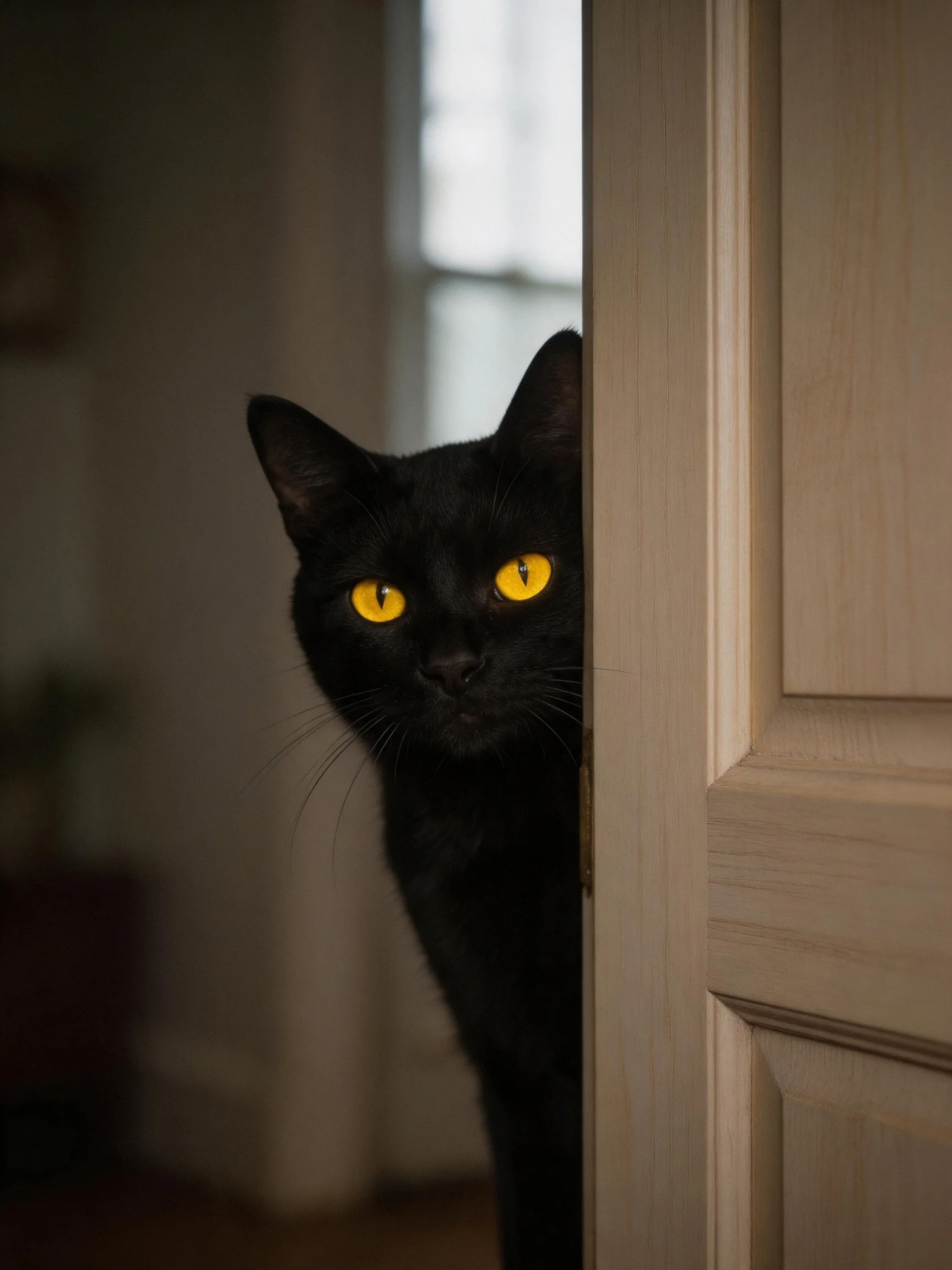 A sleek black cat with bright yellow eyes peeks from behind a wooden door