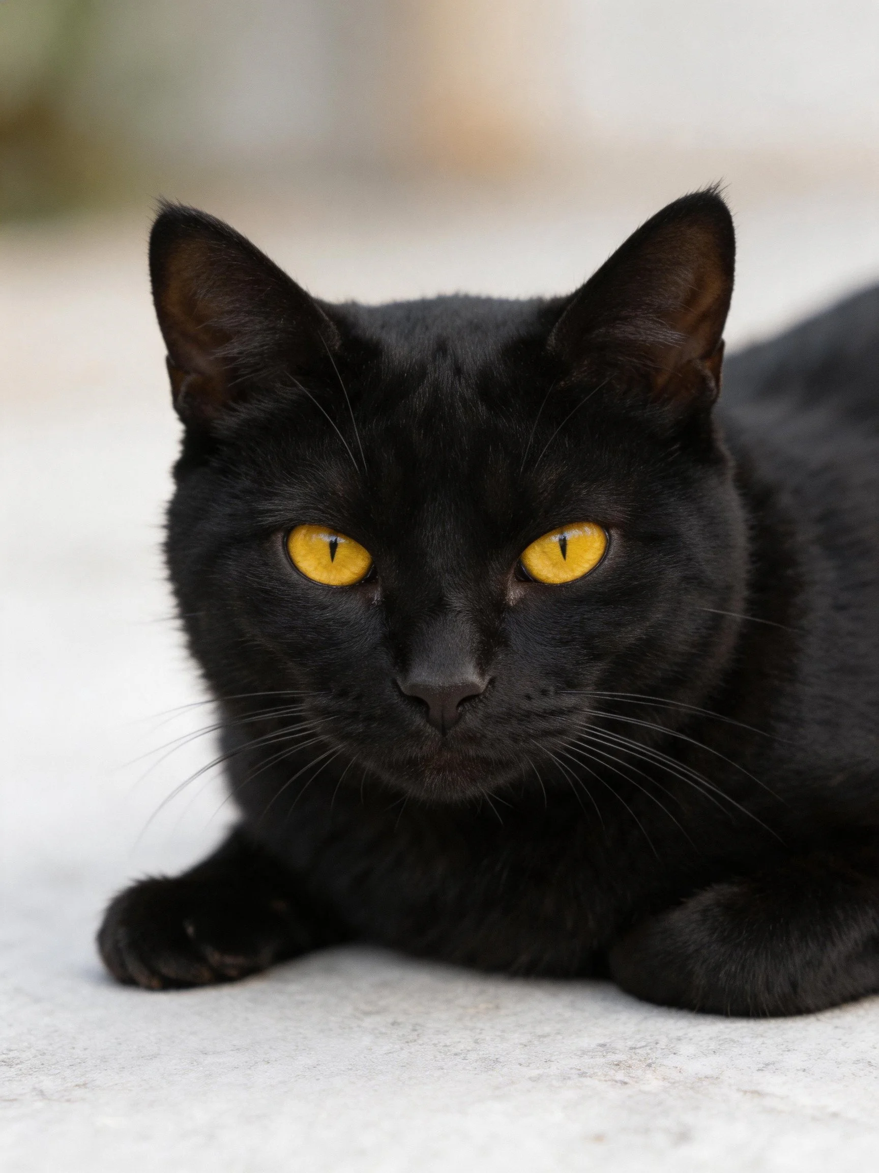 A sleek black cat with bright yellow eyes rests calmly on a smooth surface.