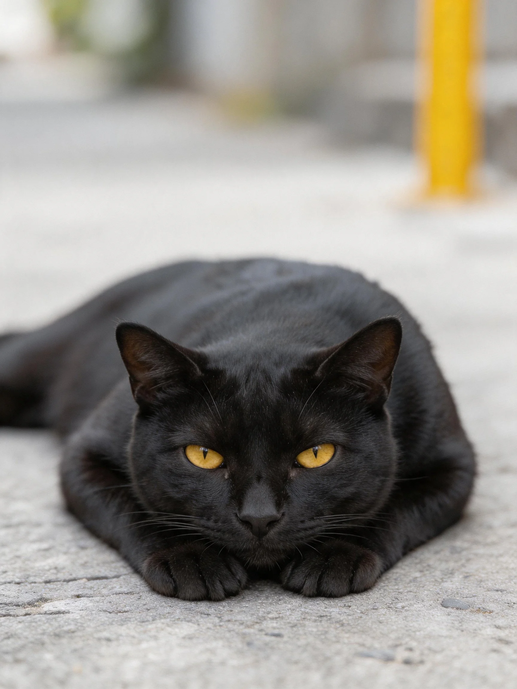 A sleek black cat with bright yellow eyes rests calmly on pavement.