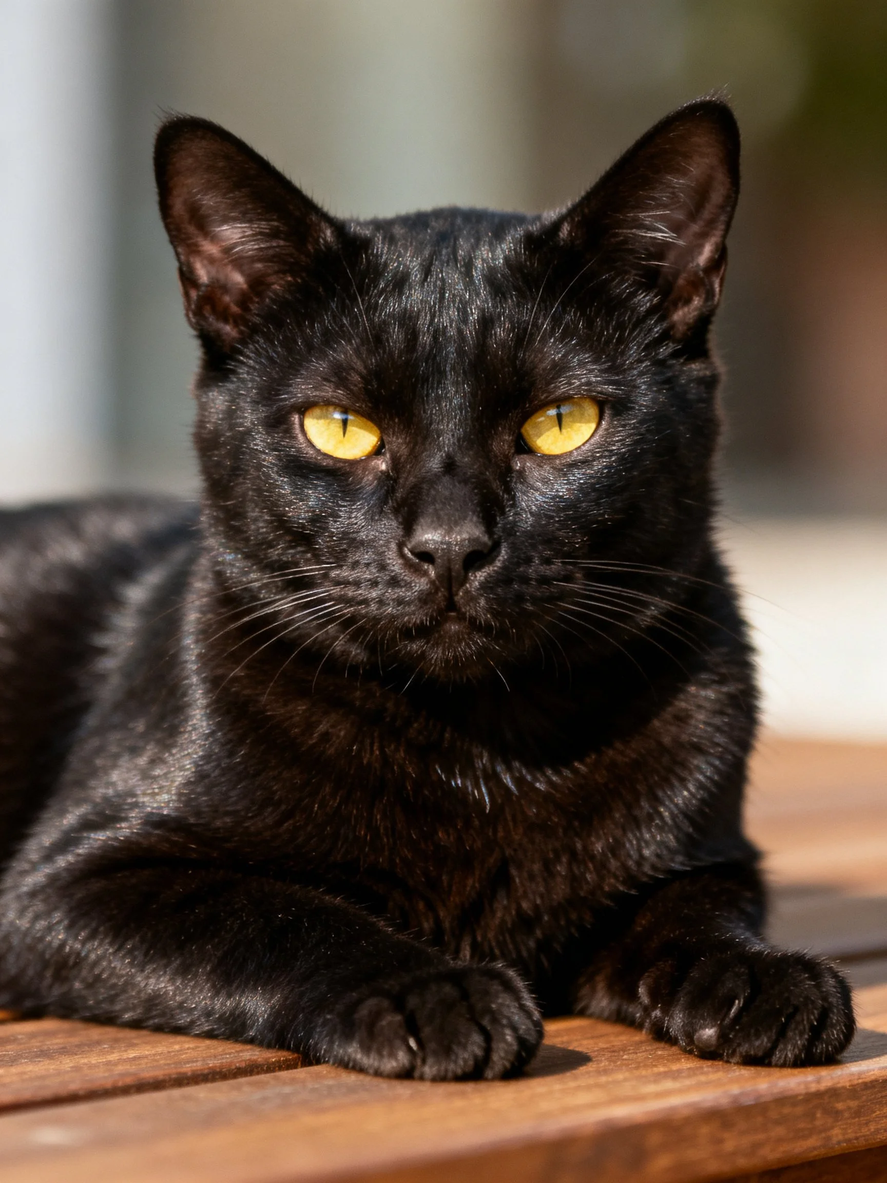 A sleek black cat with bright yellow eyes resting on wooden planks