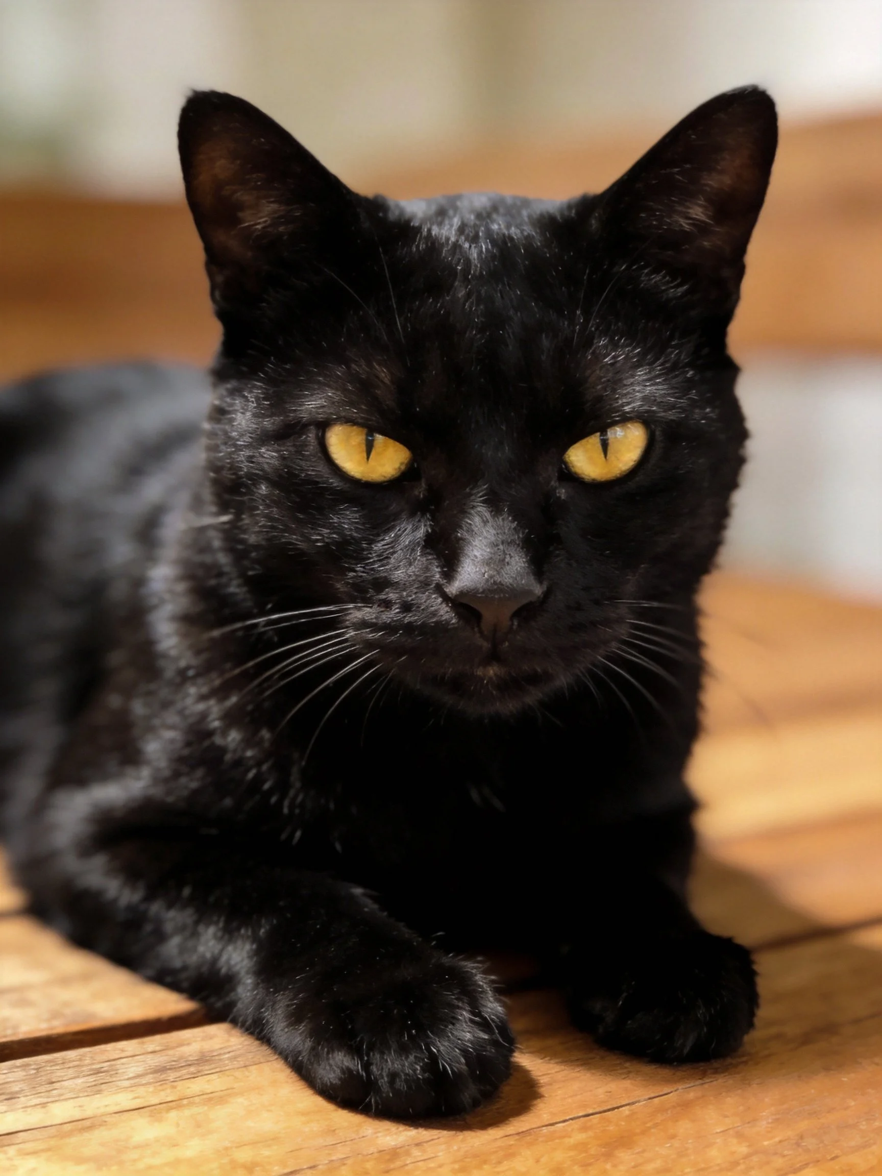 A sleek black cat with bright yellow eyes resting on wooden planks
