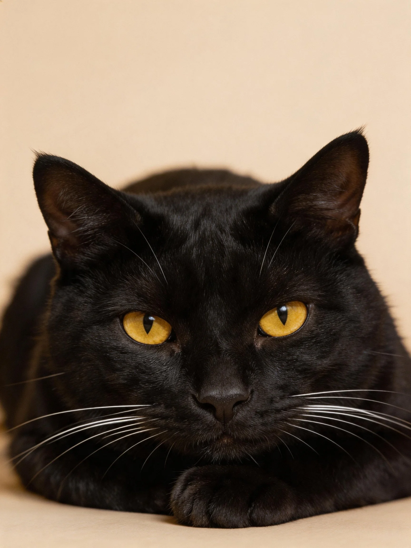 A sleek black cat with bright yellow eyes rests calmly against a neutral backdrop