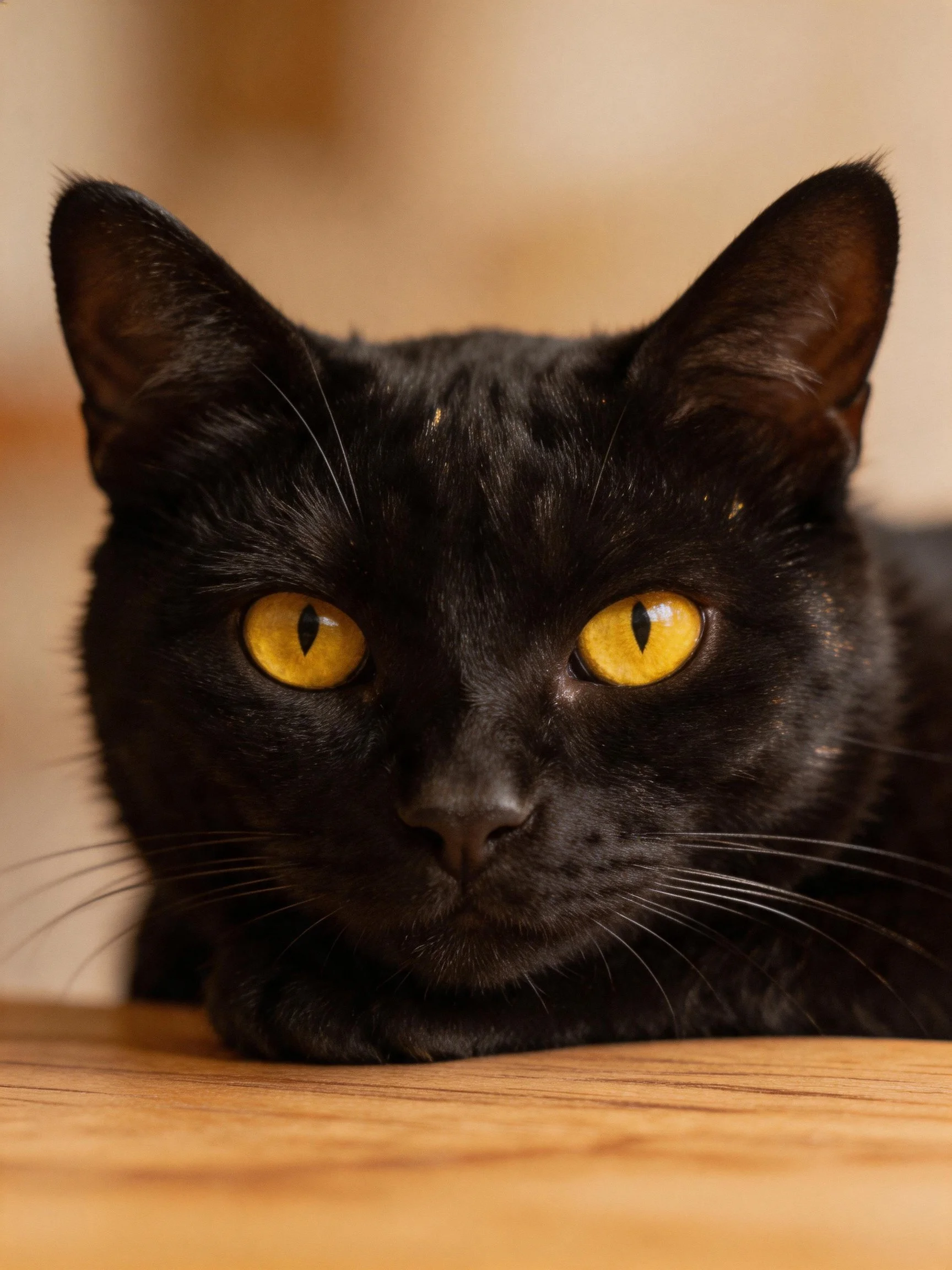 A sleek black cat with bright yellow eyes rests beside a wooden surface