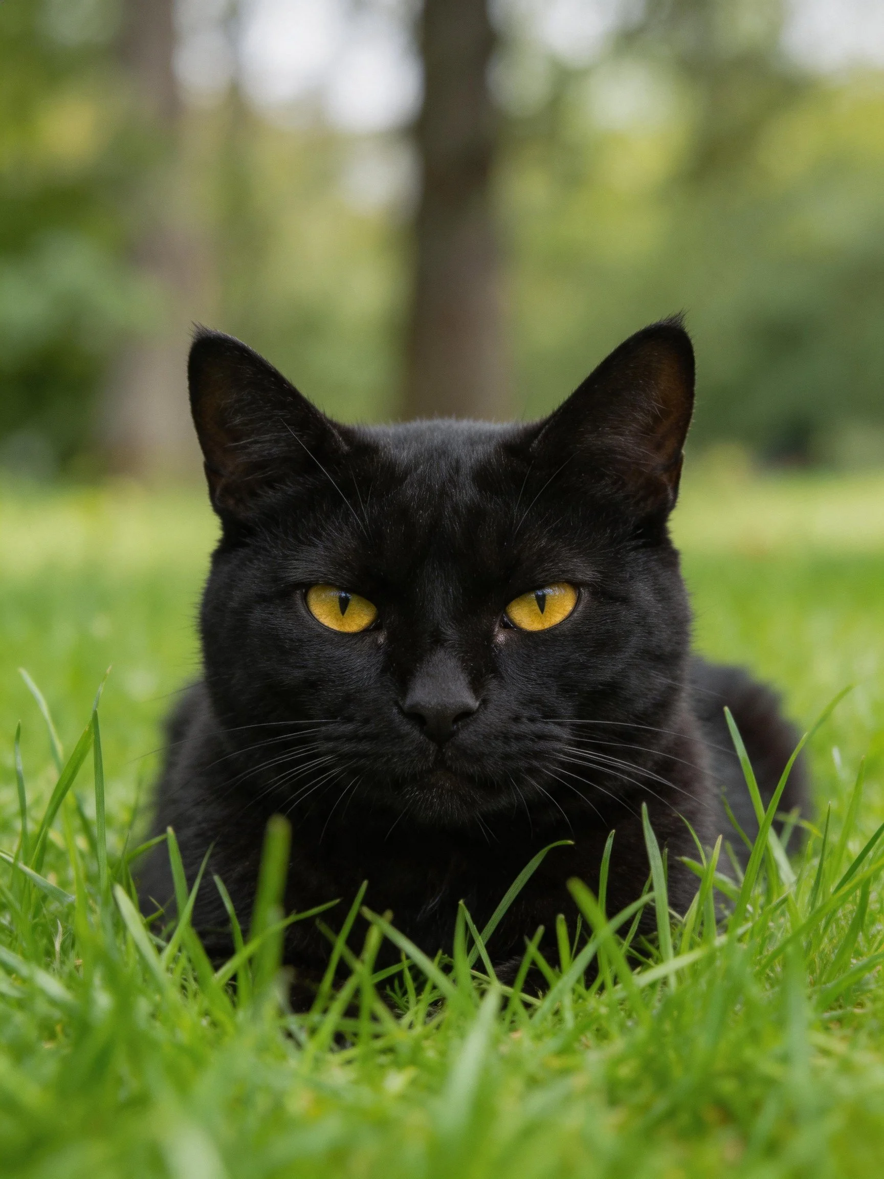 A sleek black cat with bright yellow eyes rests in green grass