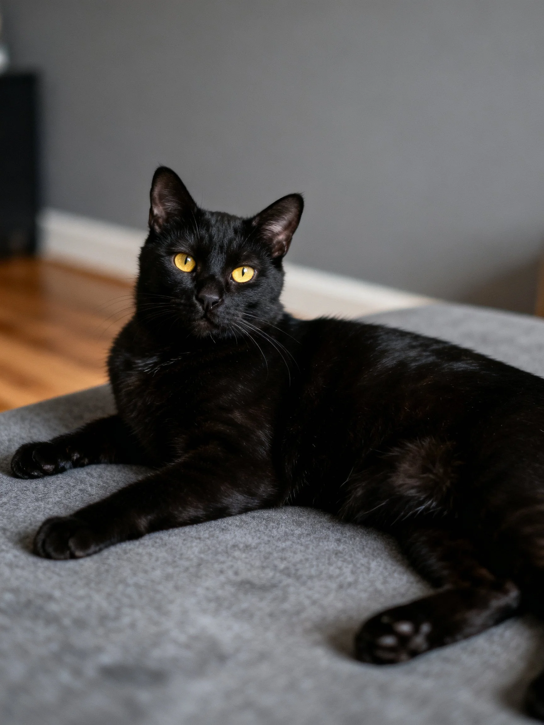 A sleek black cat with bright yellow eyes rests on a gray cushion