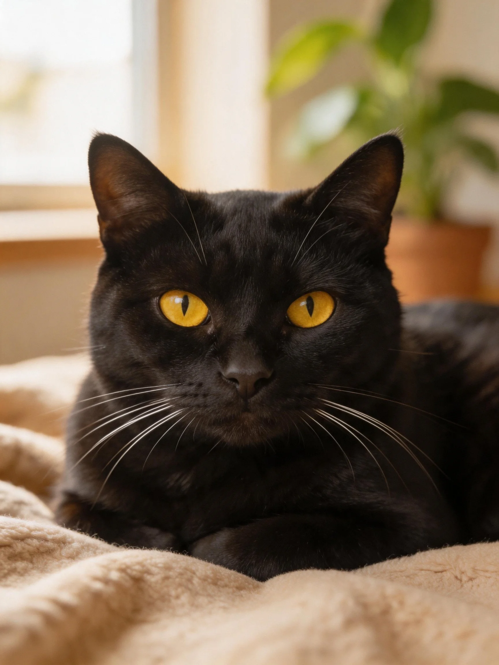 A black cat with striking yellow eyes relaxes on a cozy surface.