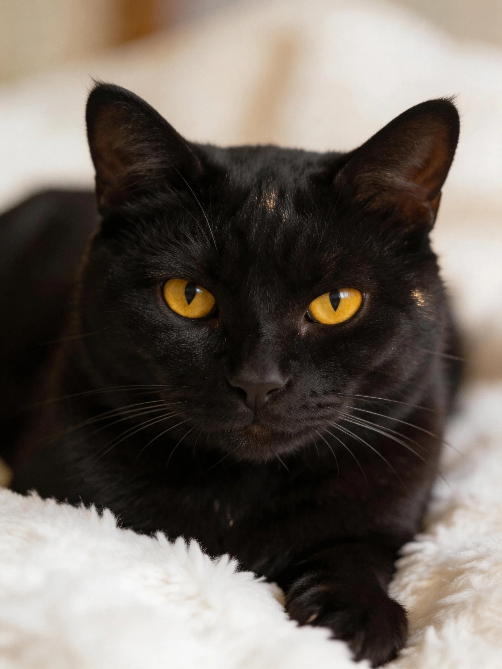 A black cat with yellow eyes relaxes on a plush white fabric.