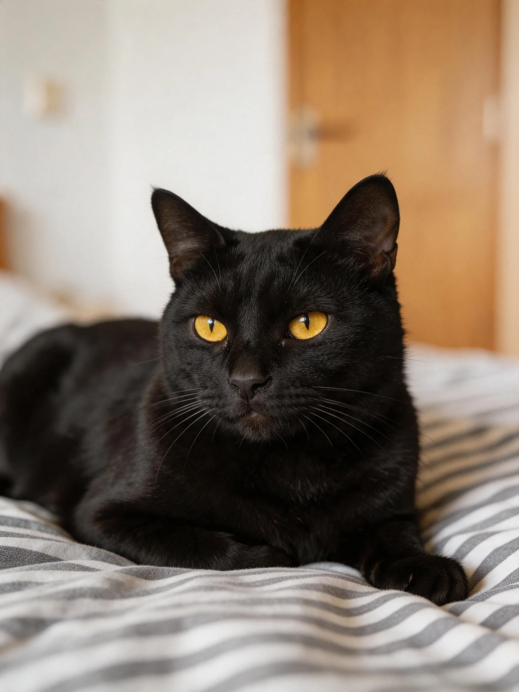A black cat with yellow eyes relaxes on a striped bed indoors