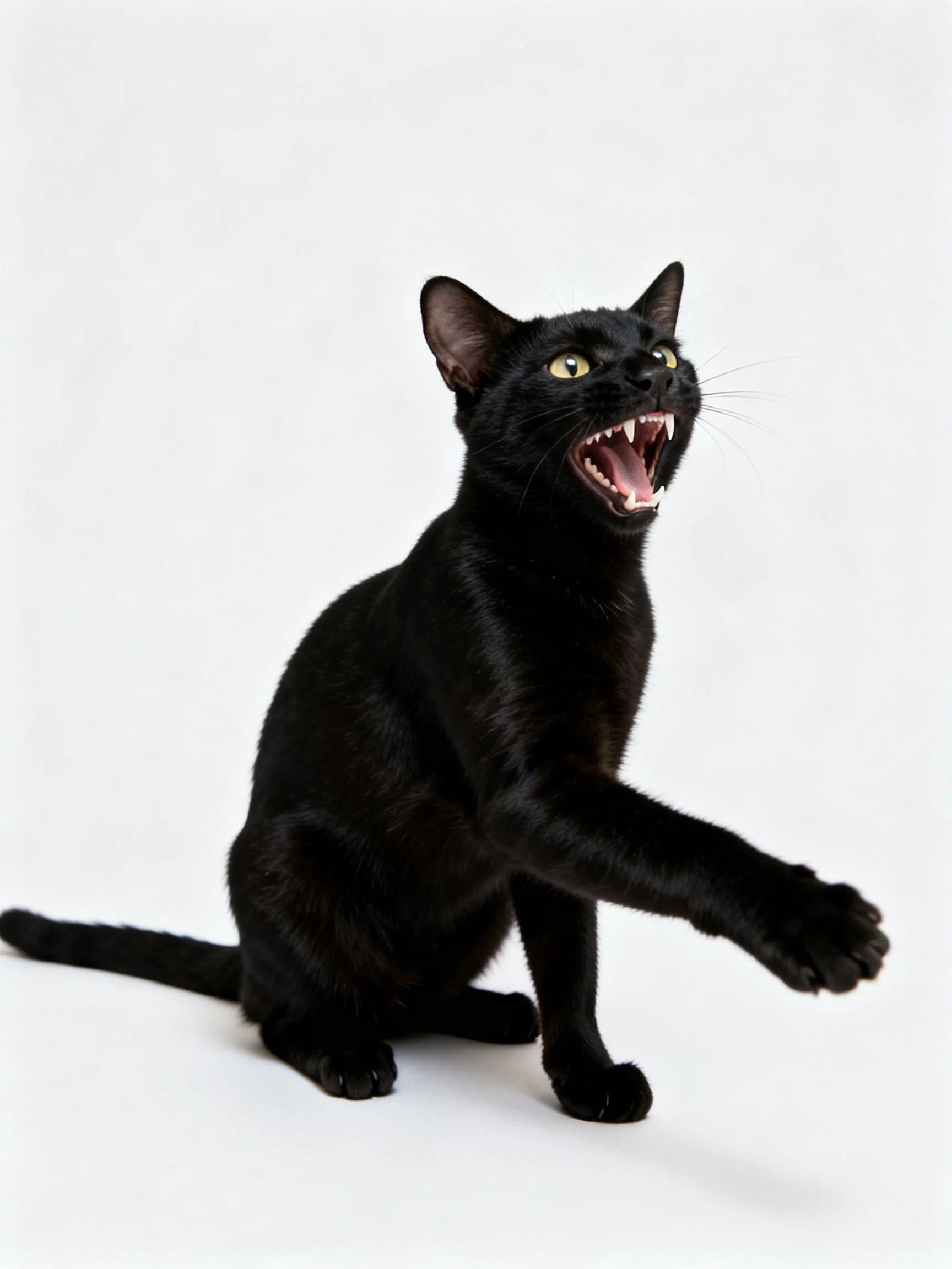 A sleek black cat with bright yellow eyes shows aggressive behavior