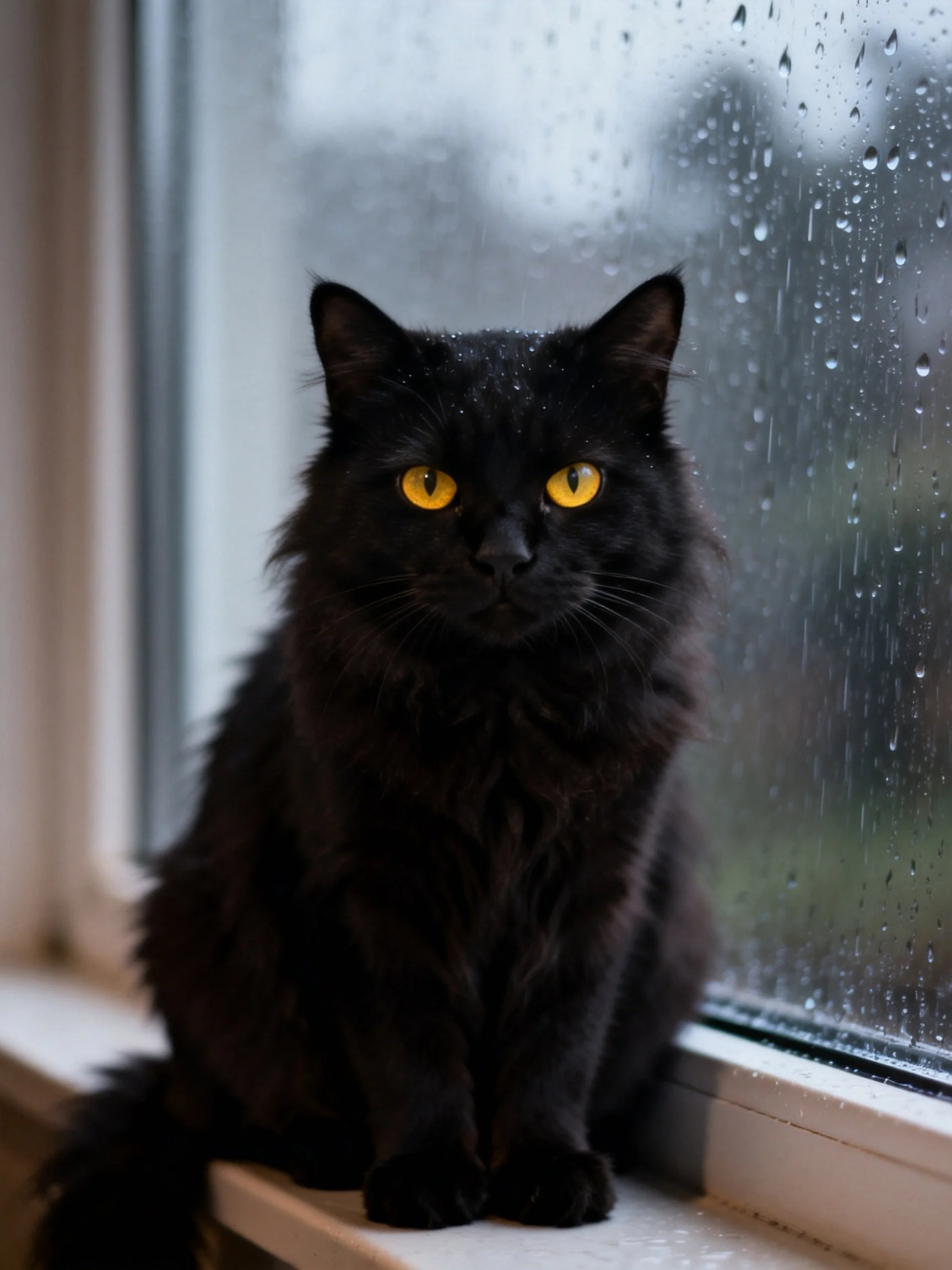A black cat with vivid yellow eyes rests near a rain-dotted window.