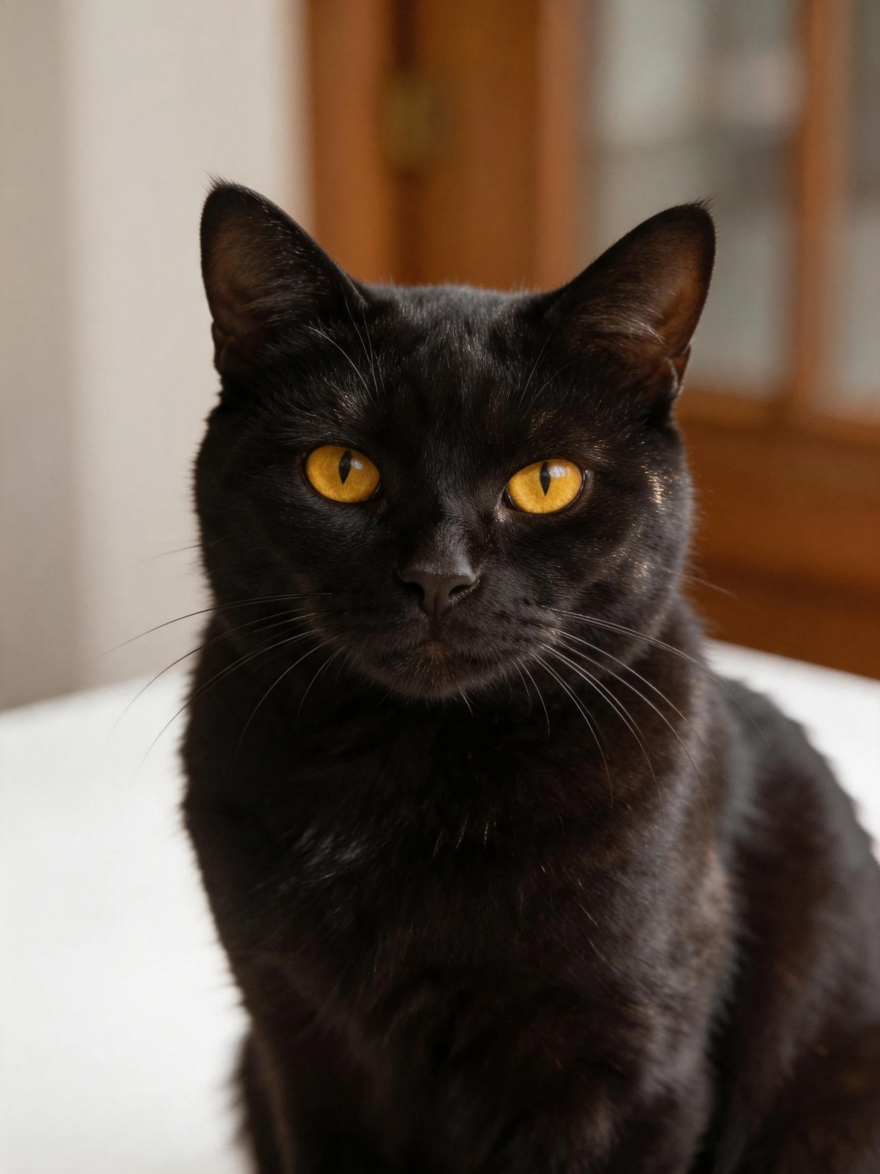 A sleek black cat with bright yellow eyes sits indoors