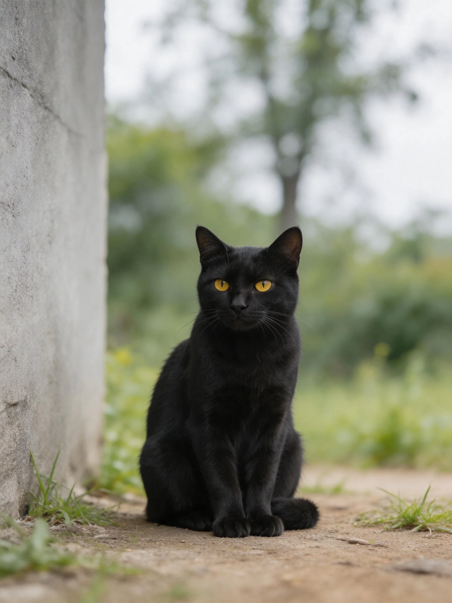 A sleek black cat with bright yellow eyes sits near a concrete column
