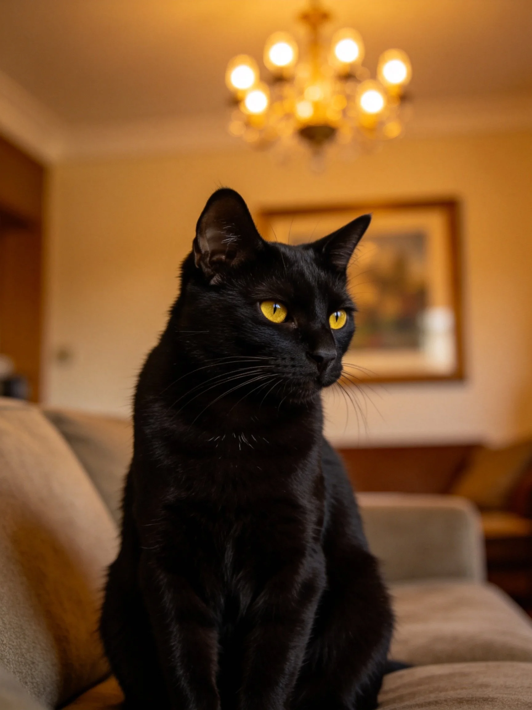 A glossy black cat with bright yellow eyes sits on a beige couch in a cozy living room