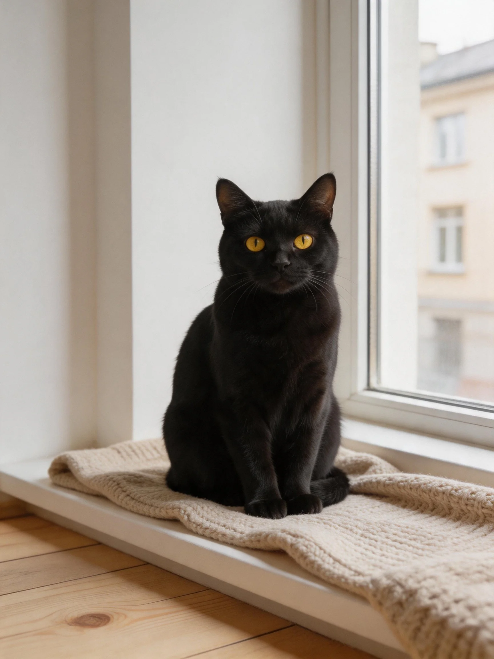 A black cat with yellow eyes rests on a knit blanket beside a window overlooking buildings.