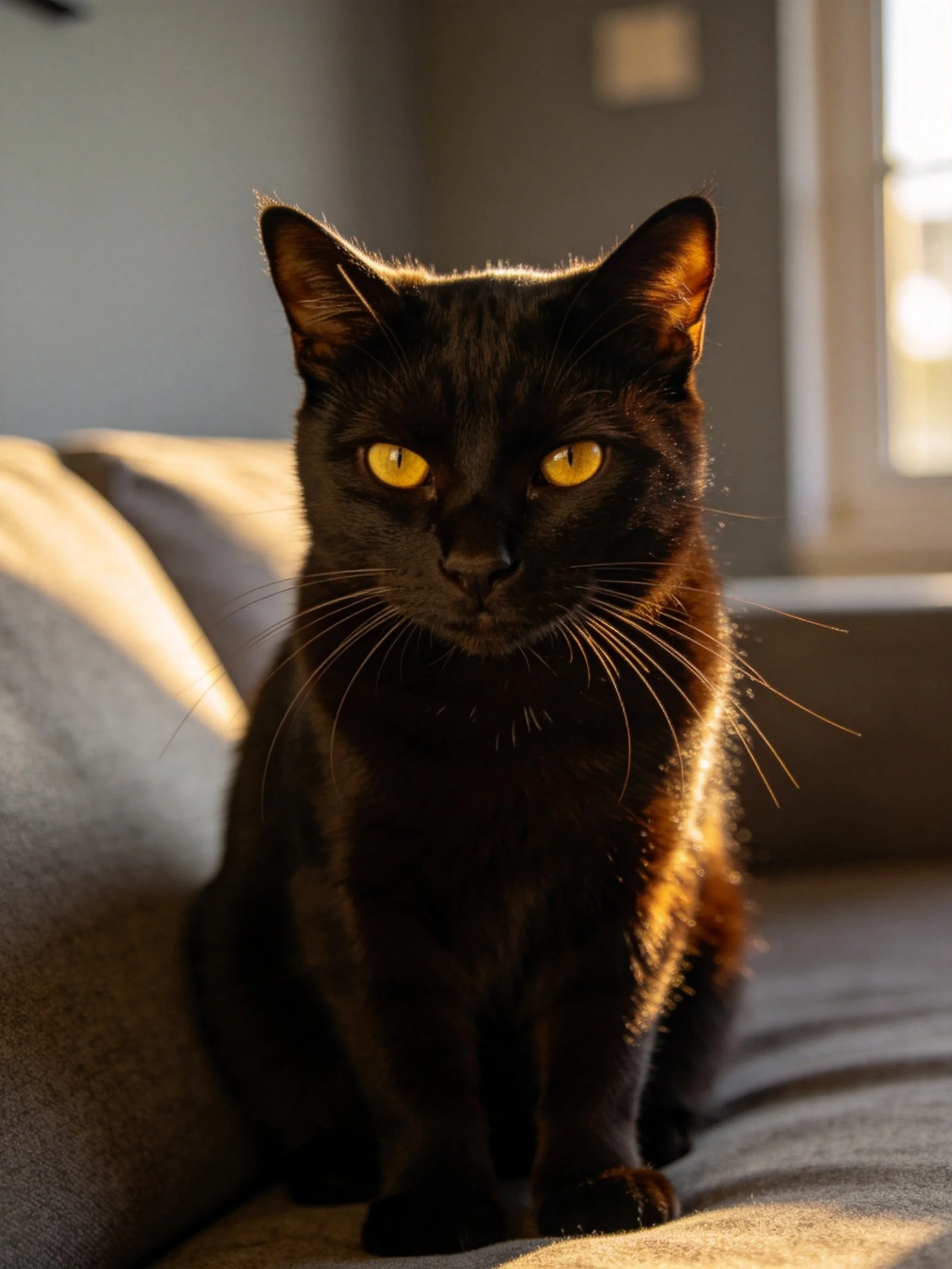 A sleek black cat with bright yellow eyes sits on a couch
