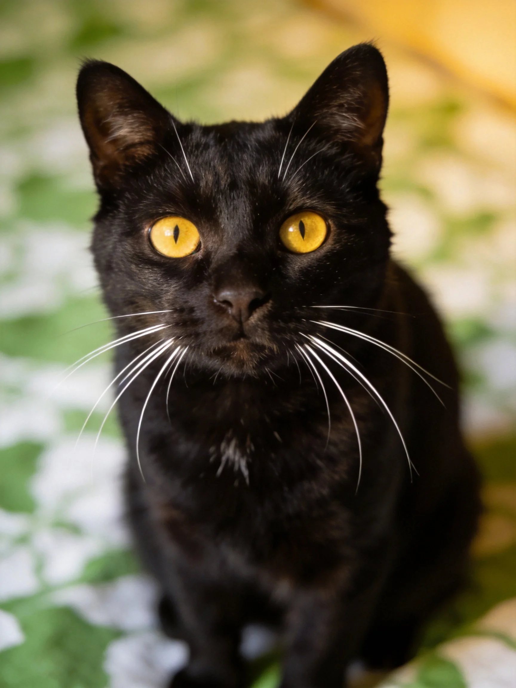 A sleek black cat with bright yellow eyes sits on a green-patterned fabric
