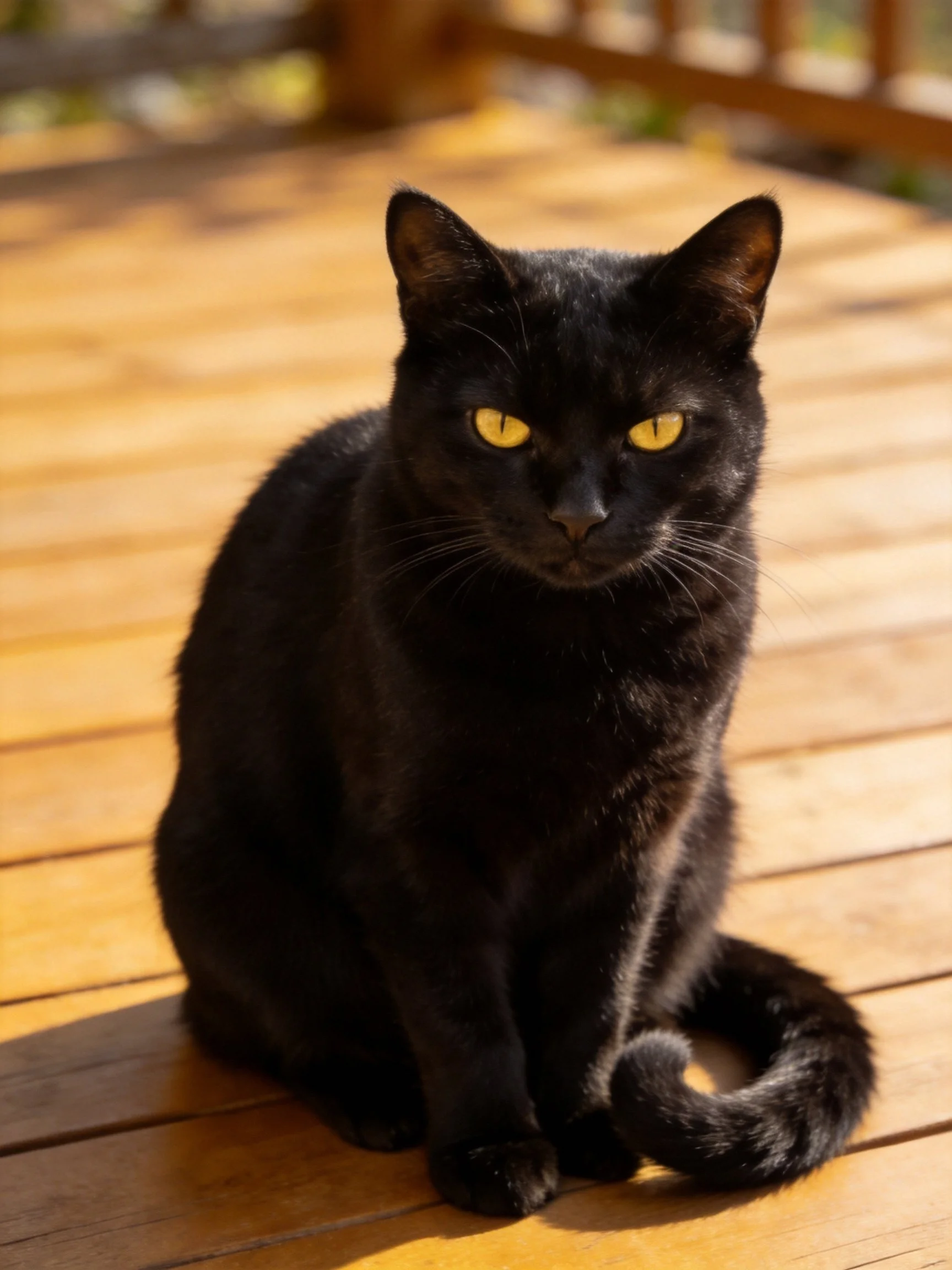 A black cat with yellow eyes rests on a wooden surface bathed in sunlight.