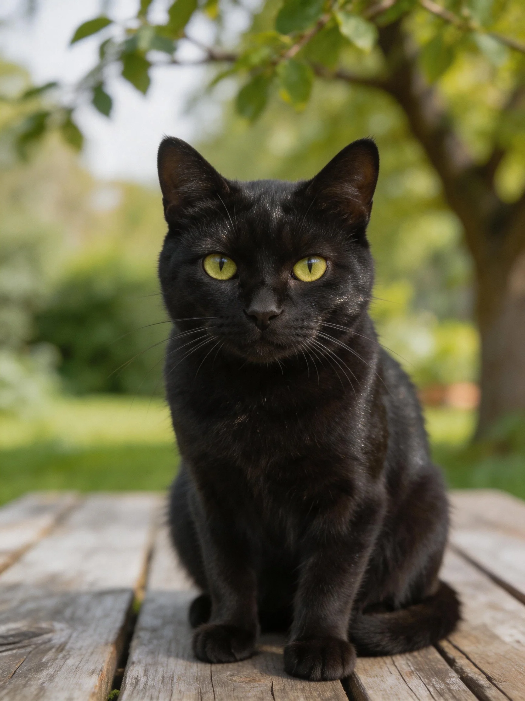 A sleek black cat with bright yellow eyes sits on a weathered wooden surface outdoors