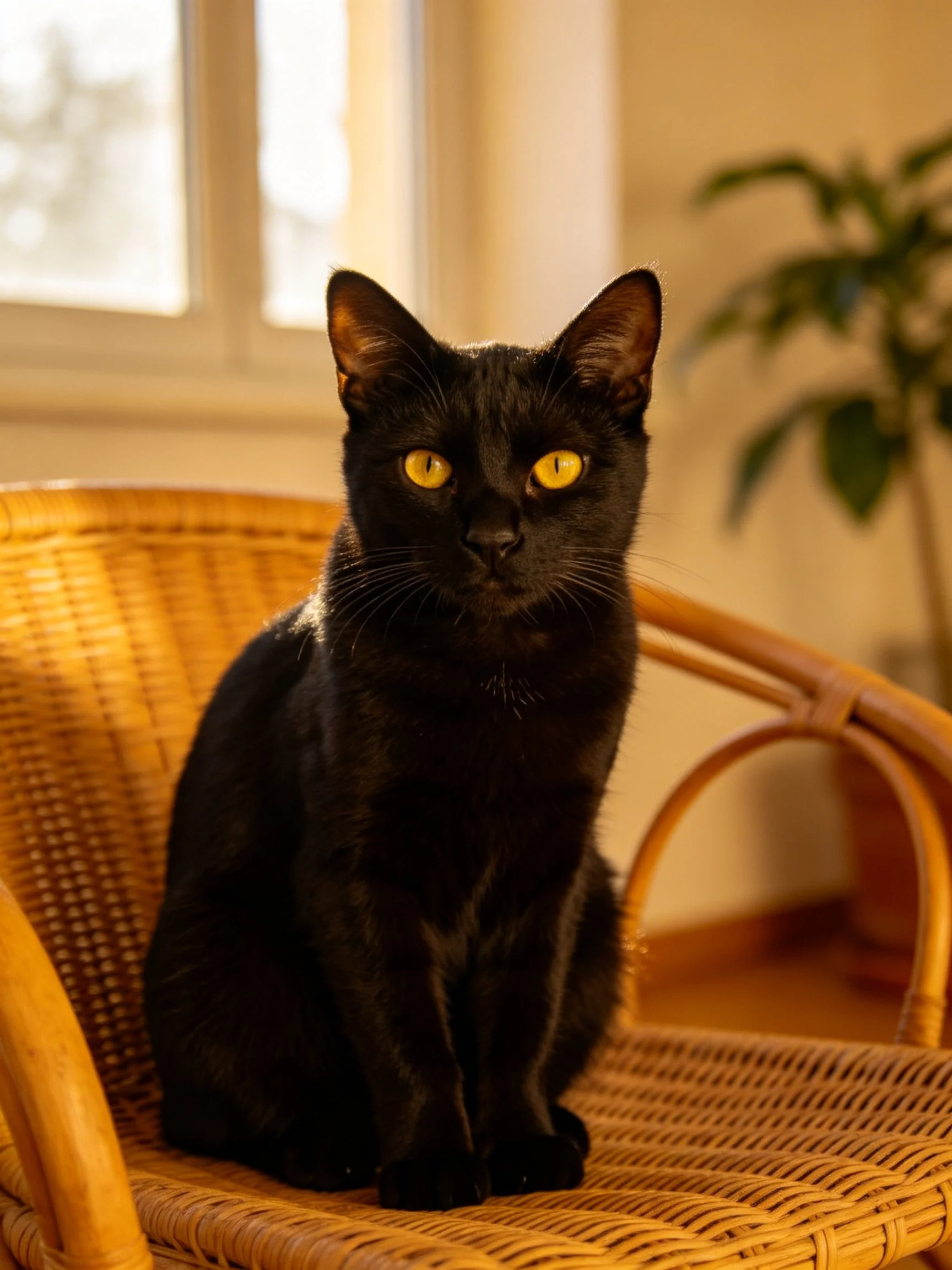 A sleek black cat with bright yellow eyes sits on a wicker chair