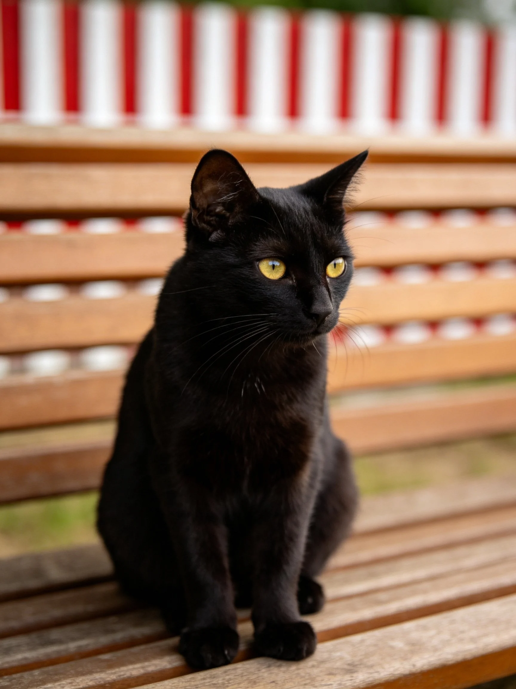 A sleek black cat with bright yellow eyes sits on a wooden bench near a red-white fence